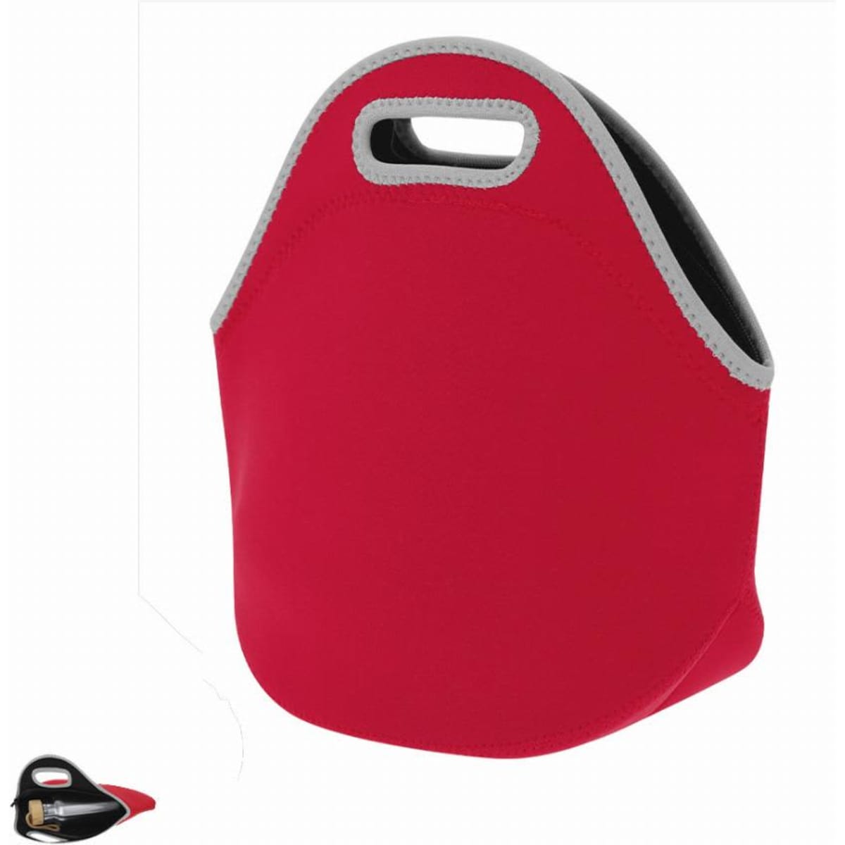 A red insulated drink bottle holder with a black interior and a handle, featuring a simple design.