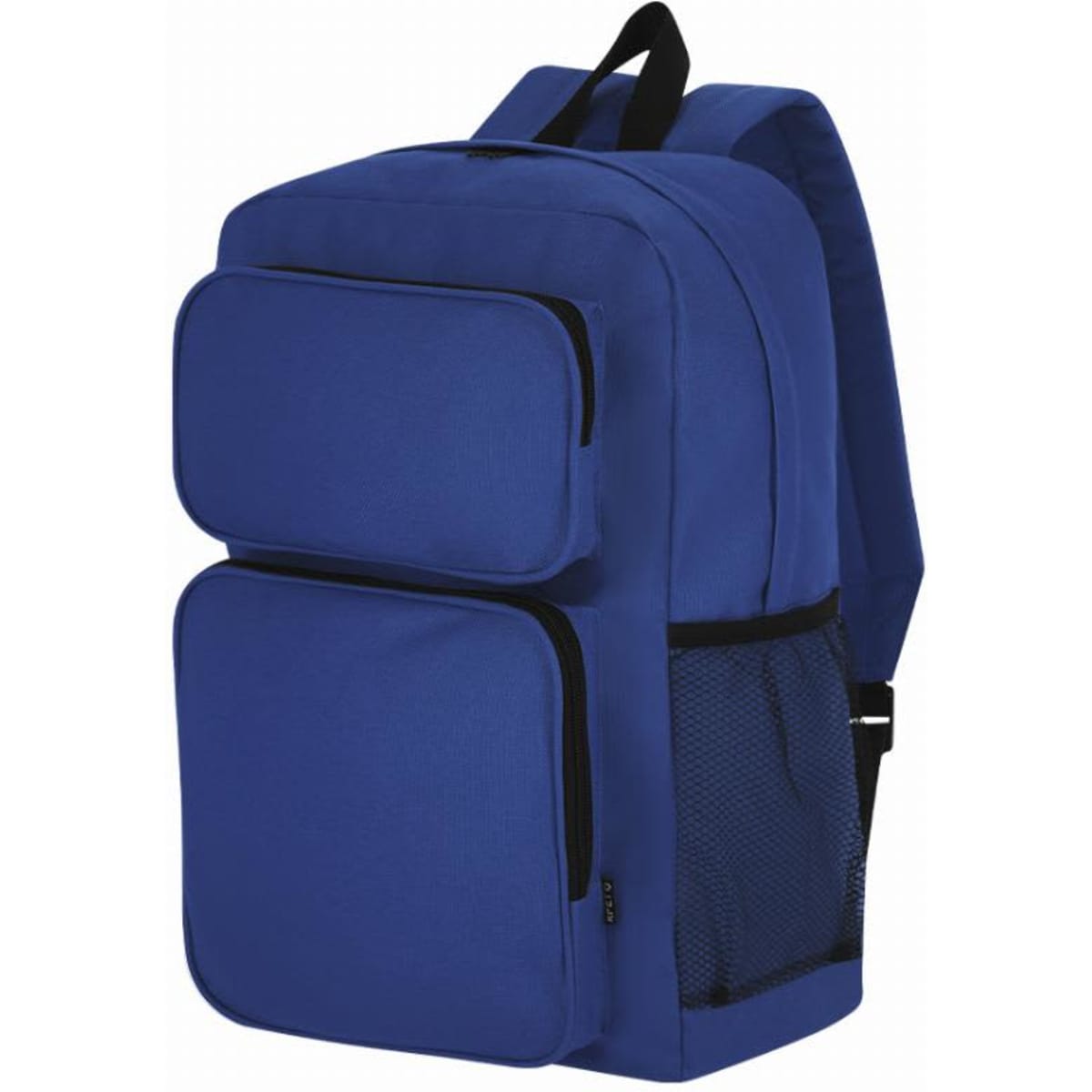 A blue backpack featuring two front pockets and a side mesh pouch. It has adjustable straps for comfort.