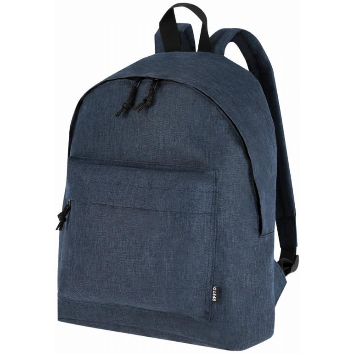 A backpack in dark blue fabric with adjustable straps and a front pocket. It features a simple design and branding.