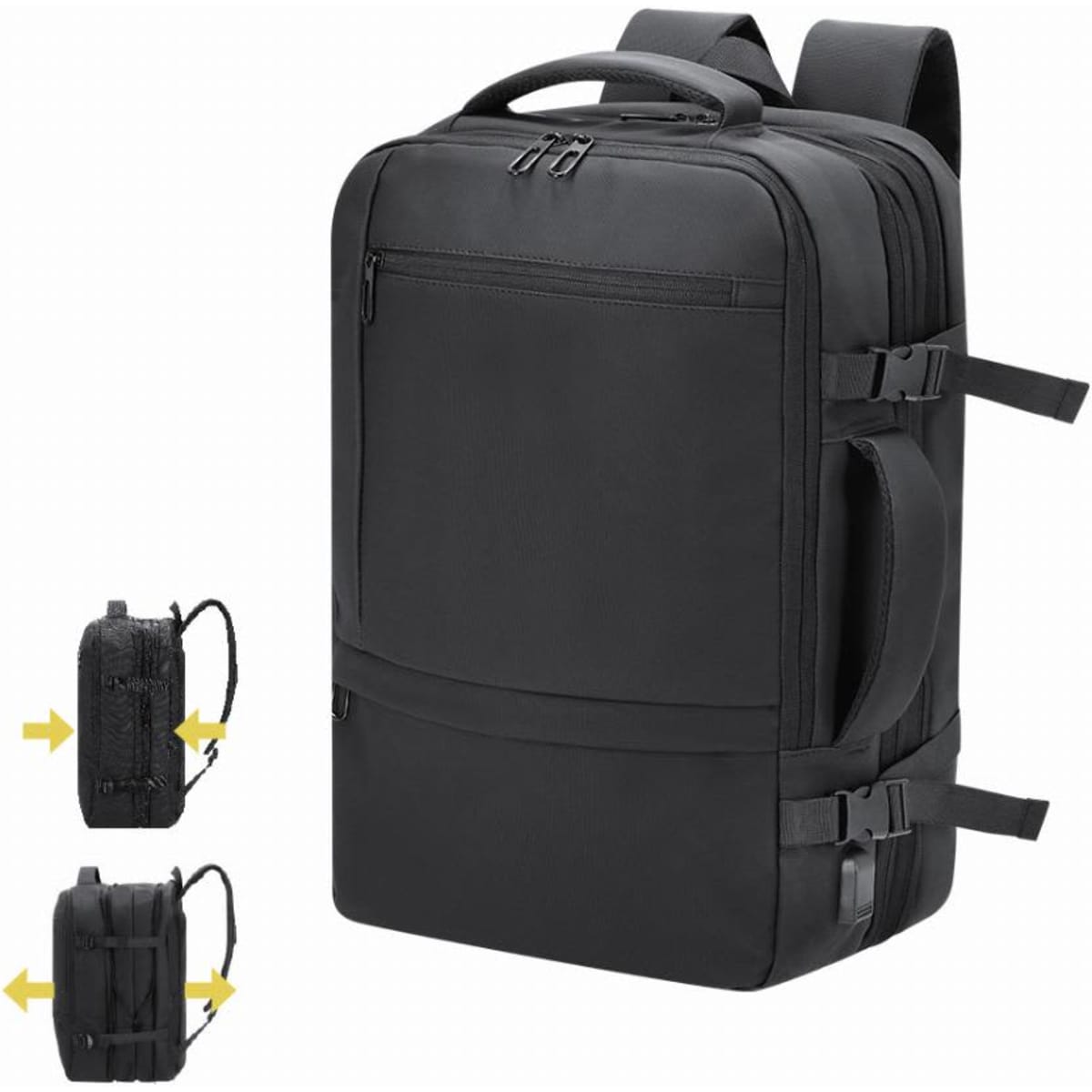 A black backpack with adjustable straps and multiple compartments, featuring a sleek, minimalist design.