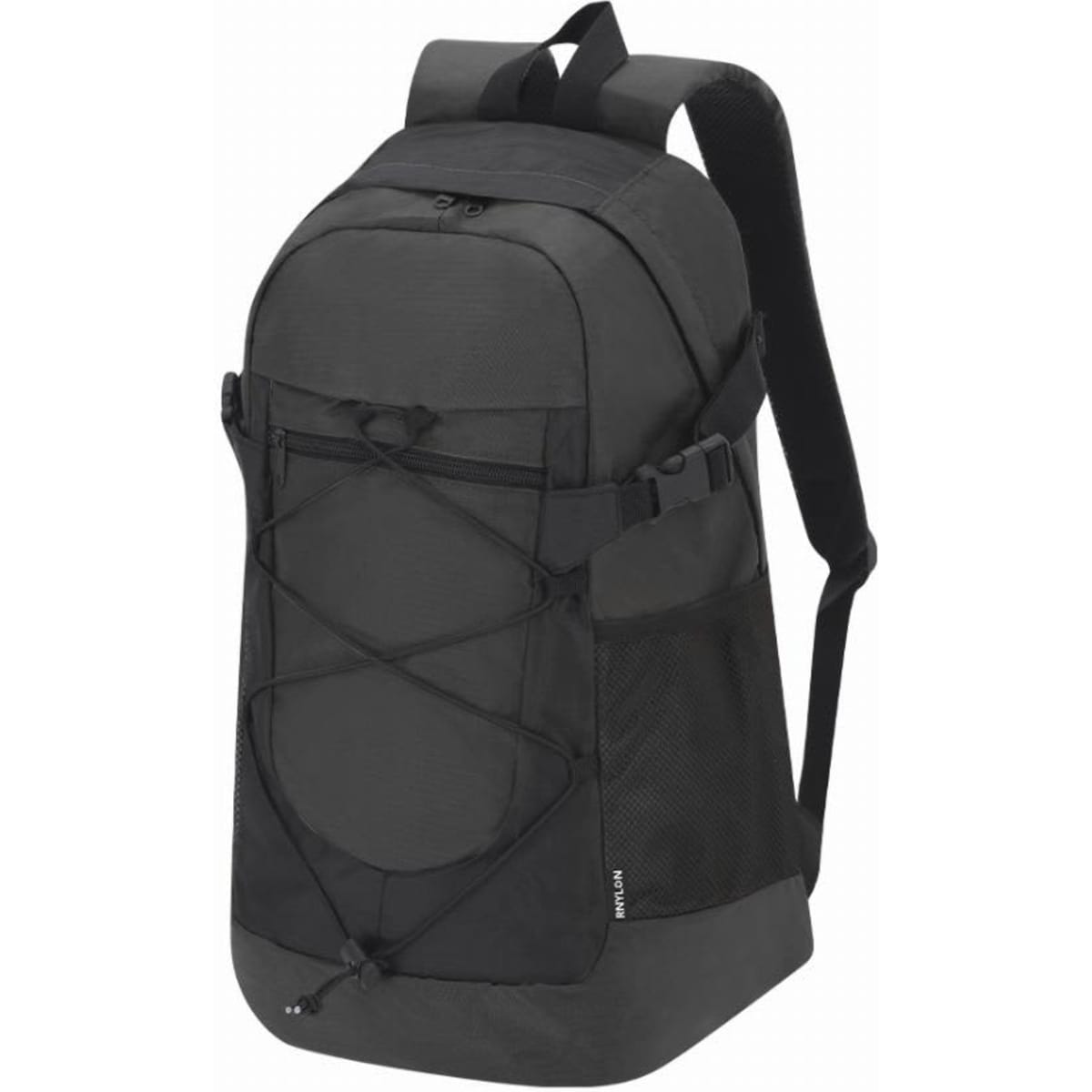 A black backpack with a mesh side panel and adjustable straps, featuring a distinctive bungee cord design on the front.