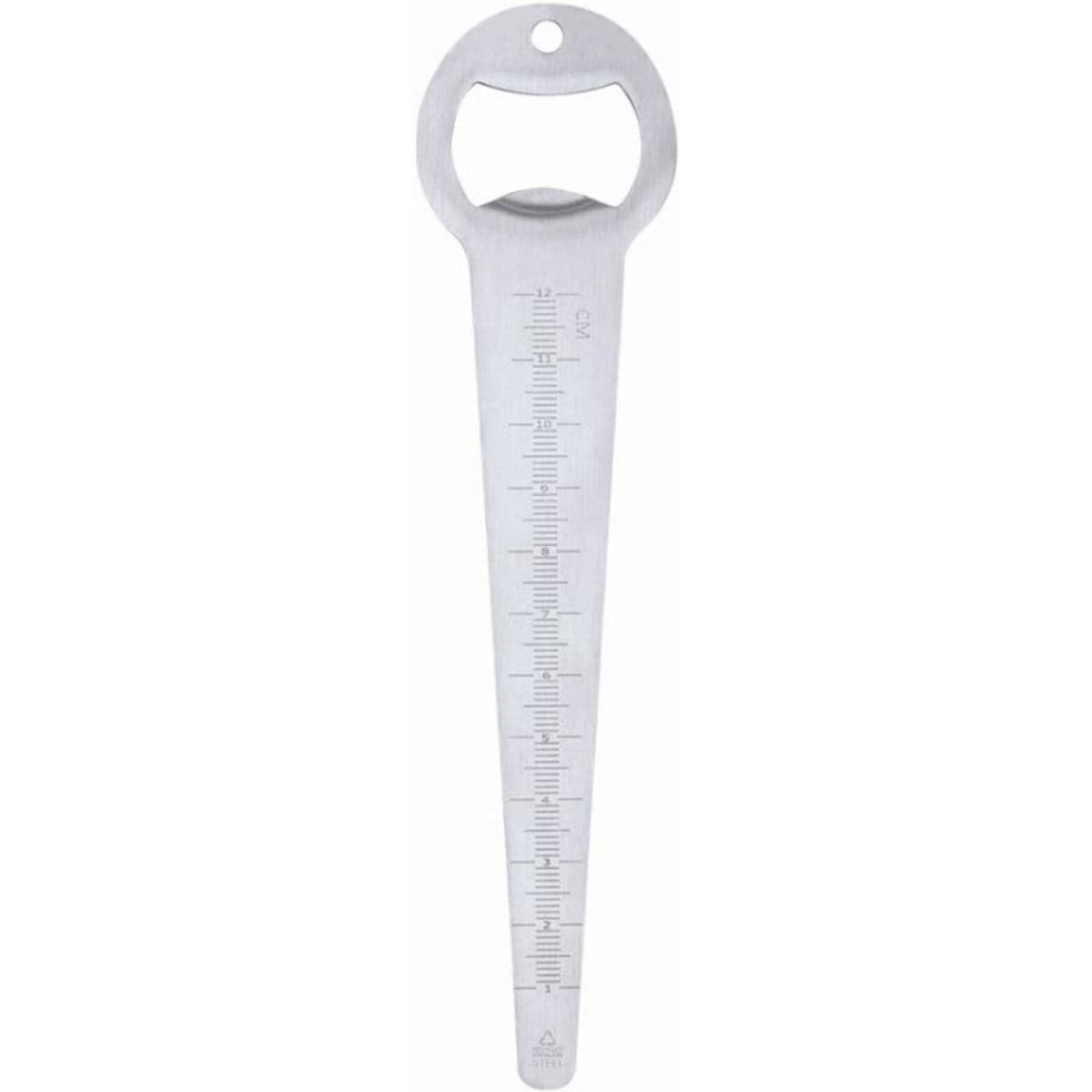 A silver drink bottle opener with a flat body and measurement markings along one side. It features a circular handle.
