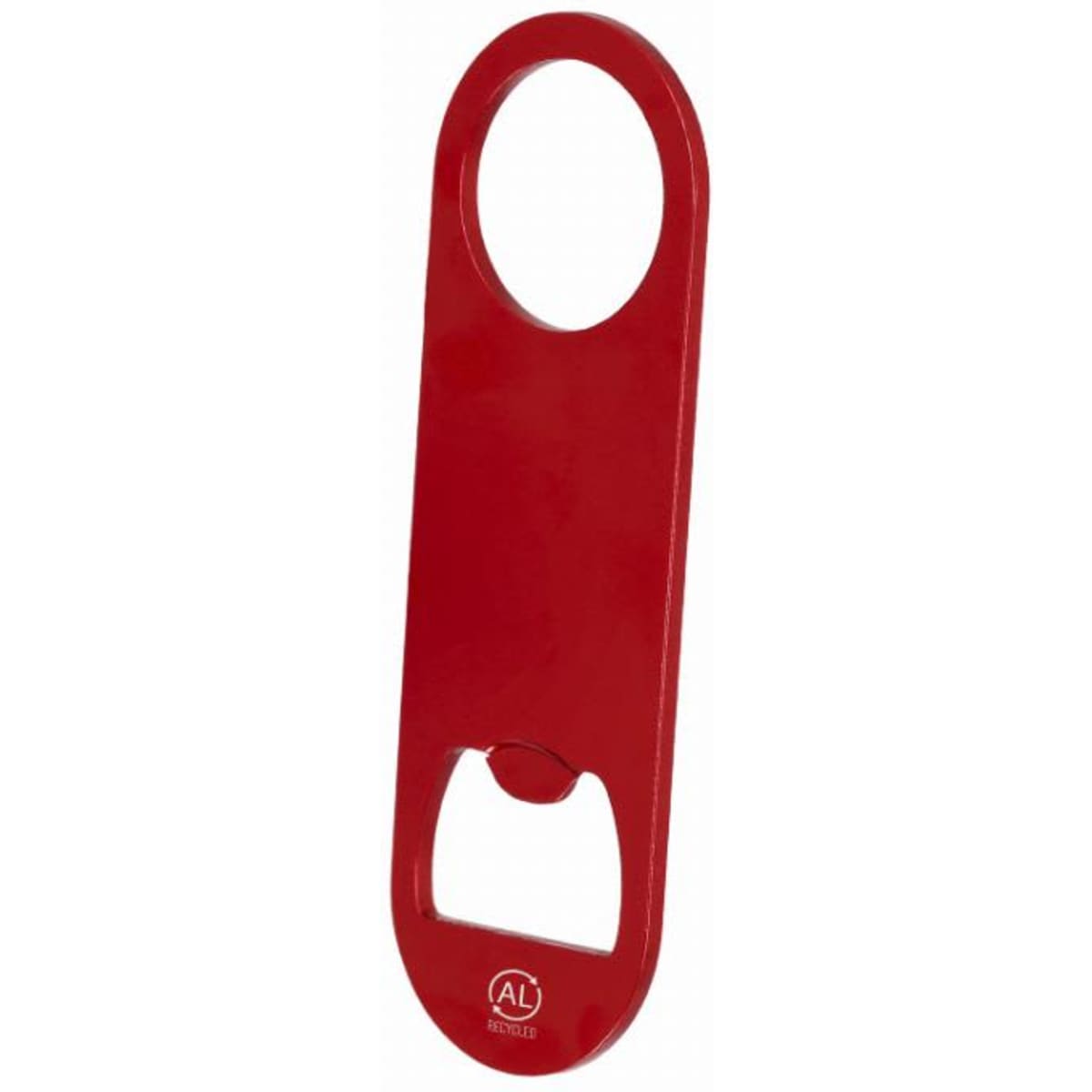 A red bottle opener with a large handle and a built-in cap remover, featuring a logo.
