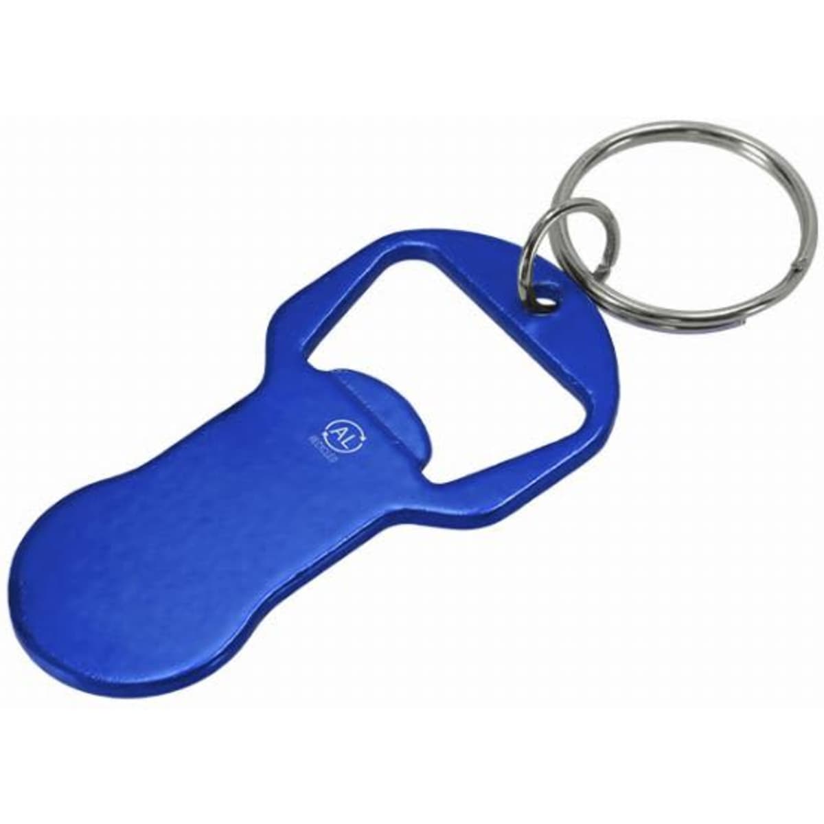 A blue keyring bottle opener with a silver keyring attachment. It has a simple, ergonomic design.