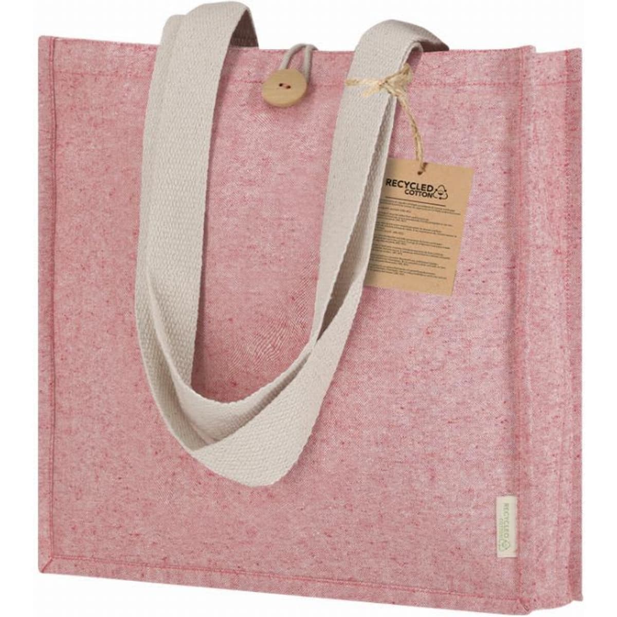 A pink tote bag with a light-coloured strap and a hangtag. It has a button closure and is made from recycled material.