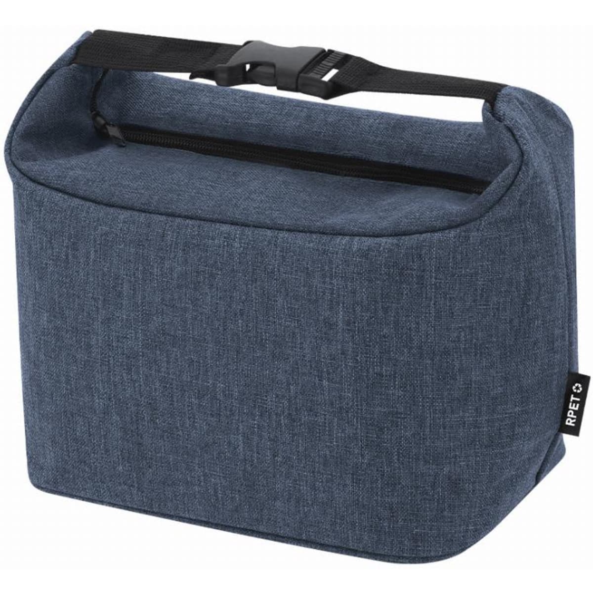 A blue insulated lunch bag with a zip closure and an adjustable strap, featuring a logo.