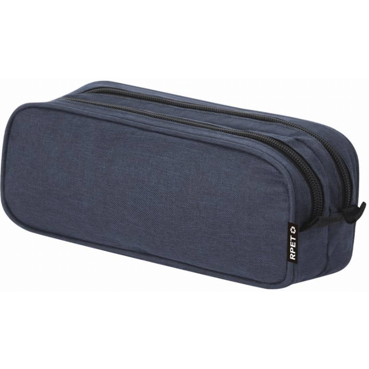 A pencil case in navy blue fabric with zippers and a logo on the side.