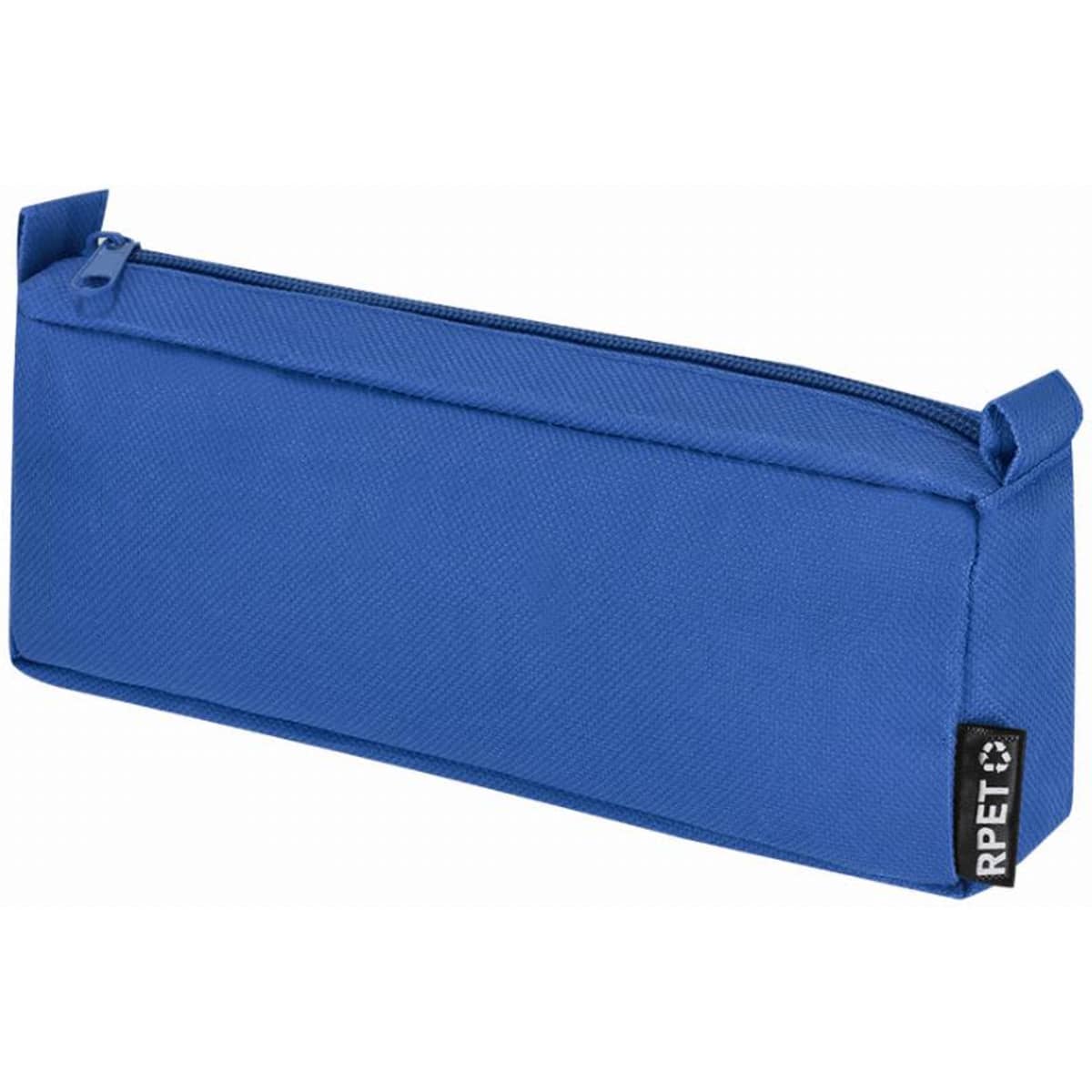 A blue pencil case with a zip closure and a logo tag. It features a rectangular shape and sturdy fabric.