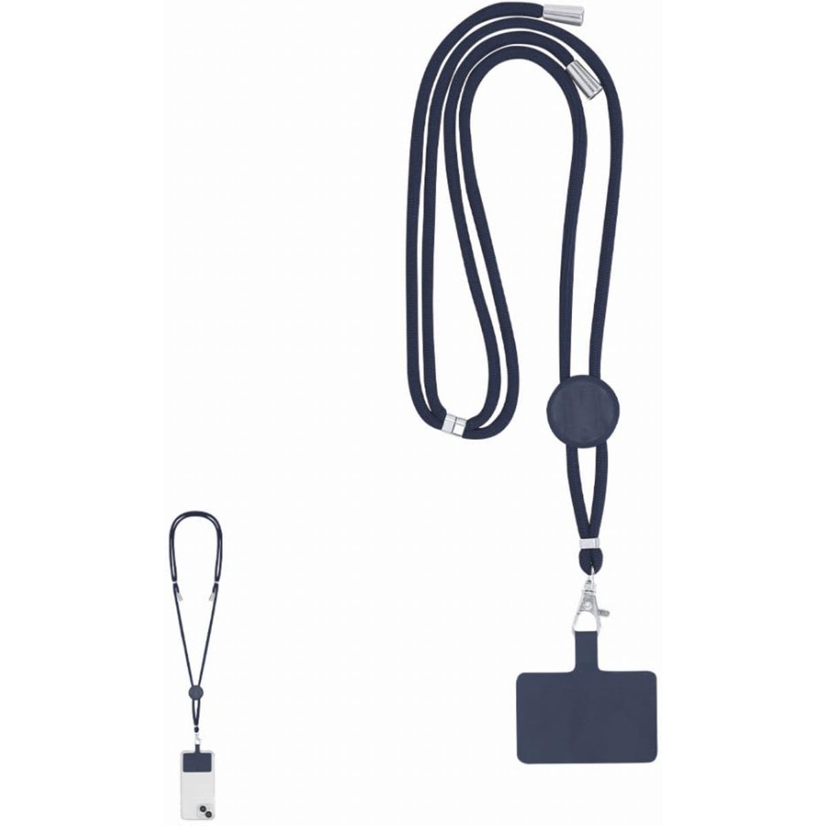 A lanyard with a navy blue design featuring a rectangular tag holder and adjustable cord.