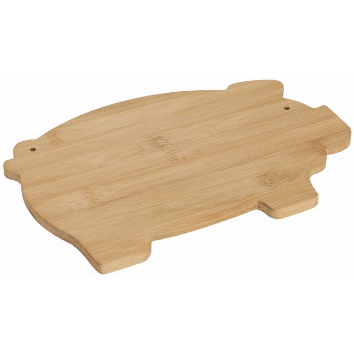 A bamboo cutting board shaped like a pig, featuring a smooth surface and rounded edges. It has a simple design and a logo.