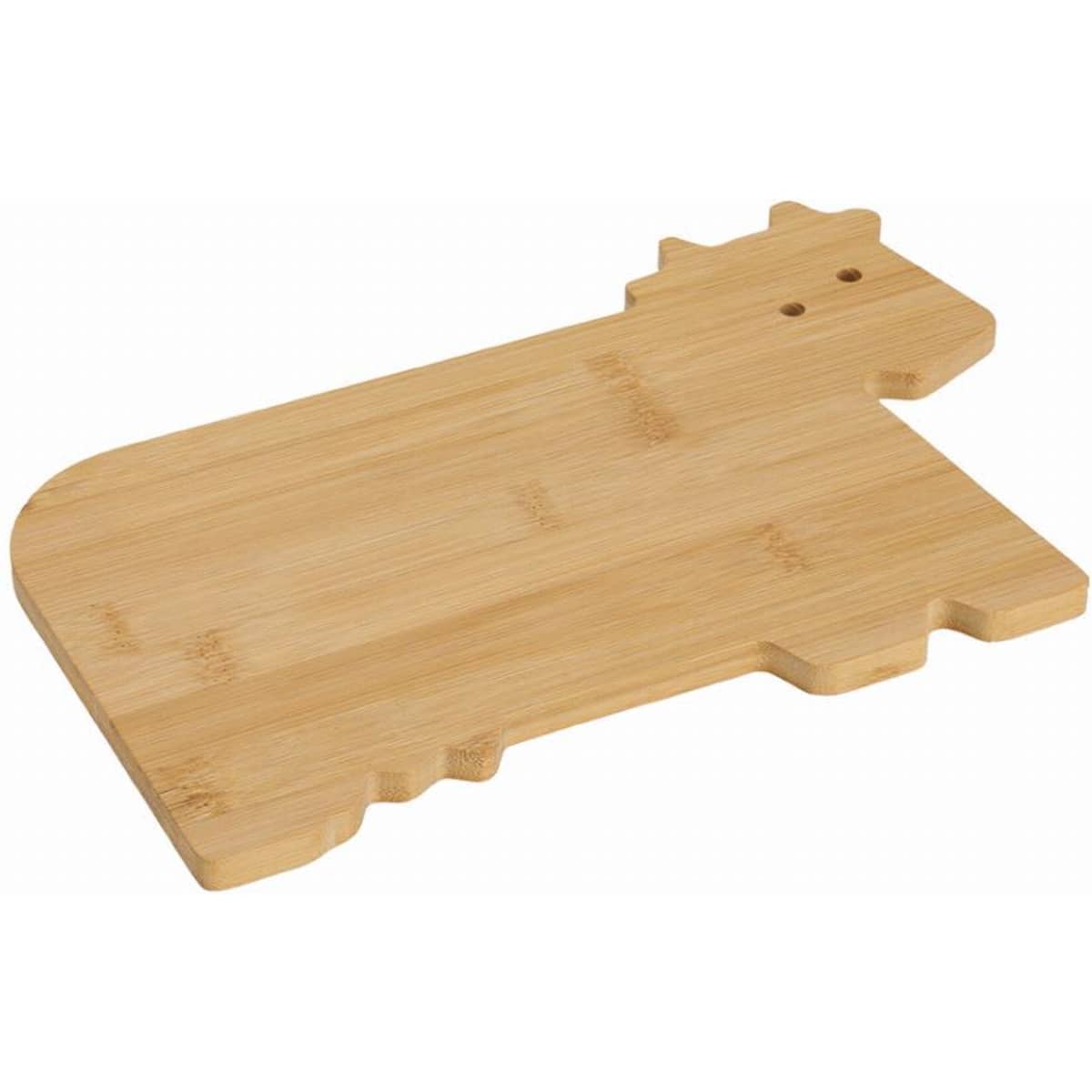 A bamboo cutting board shaped like a cow, featuring a cute cow outline and a smooth surface.