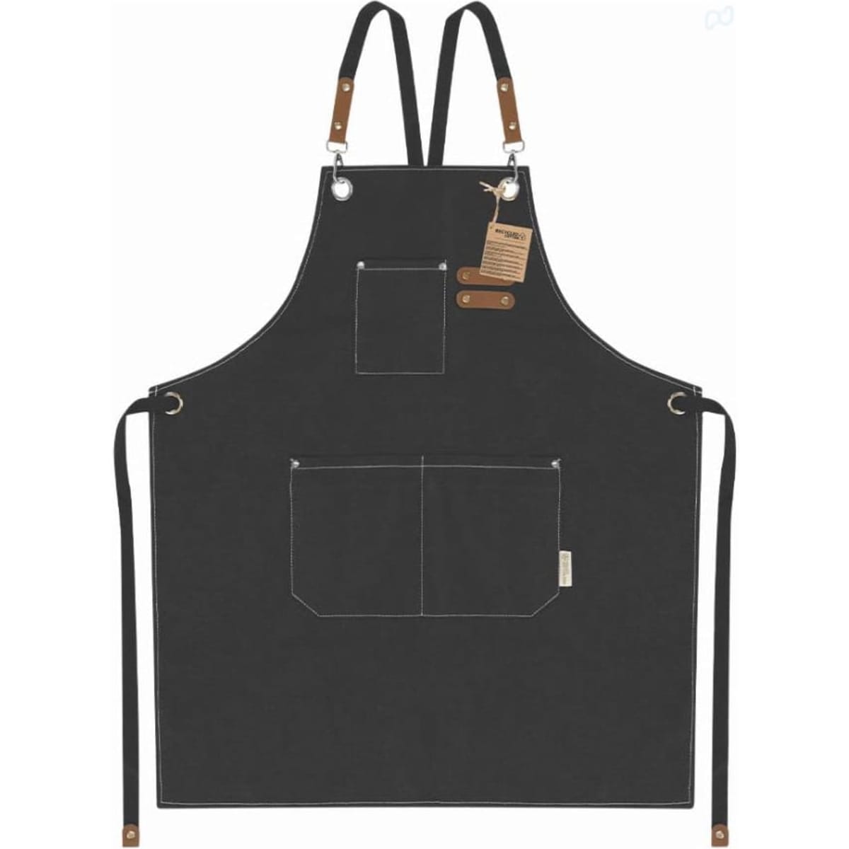 A black apron with two front pockets, leather straps, and a tag attached. It features a simple, stylish design.