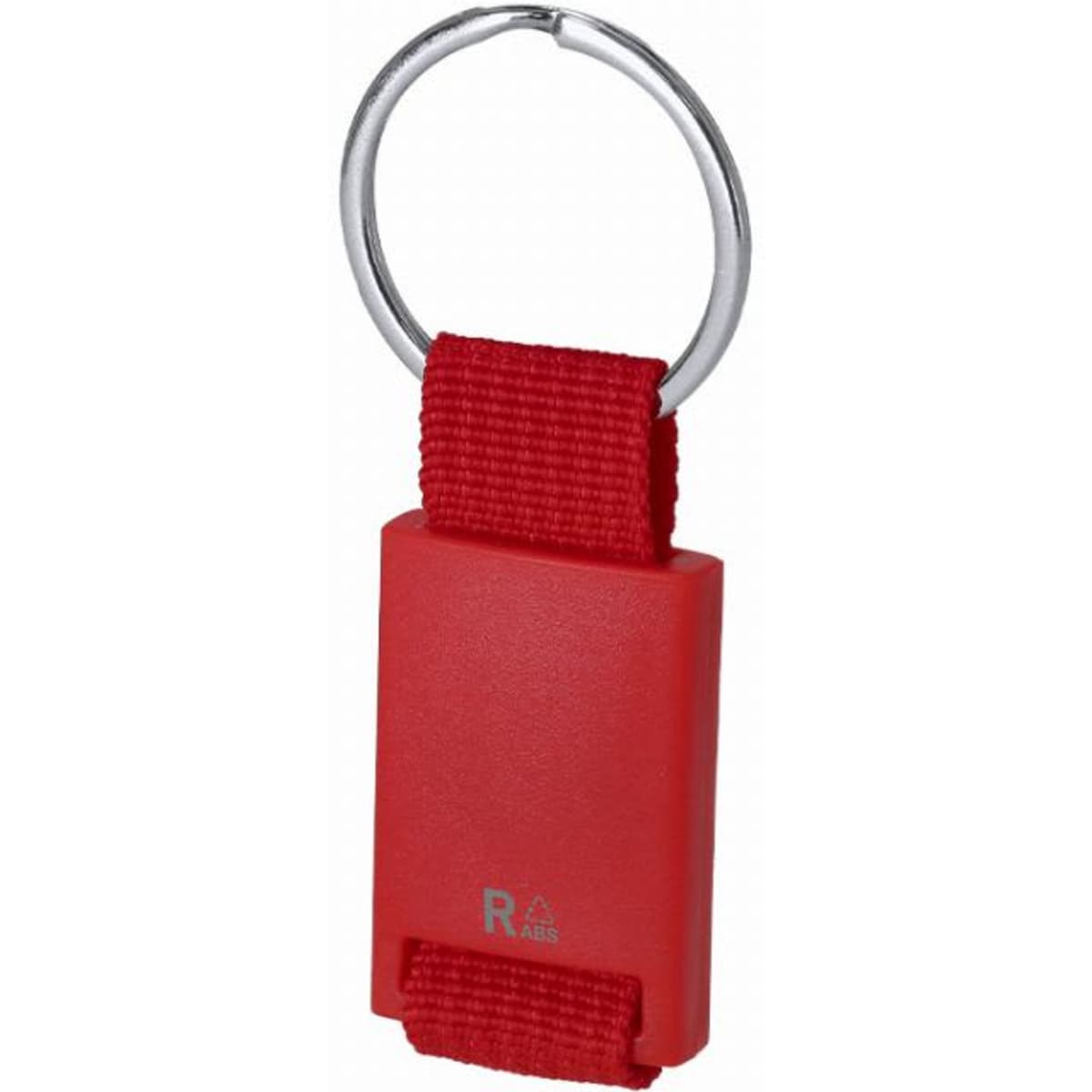 A red keychain with a durable strap and a metal ring for attachment. It features a simple, minimalist design.