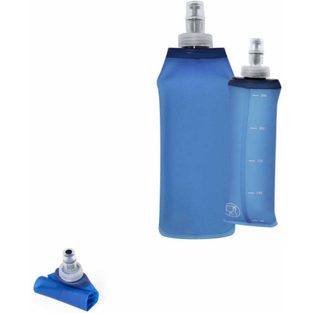 A drink bottle in shades of blue, featuring a flexible design and a spout, accompanied by a smaller version.