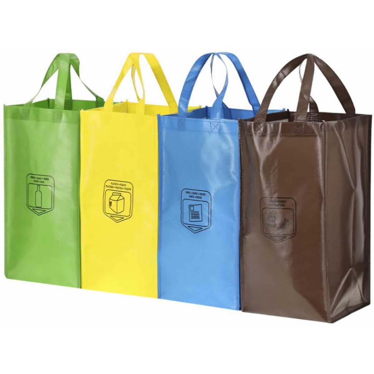 Reusable shopping bags in green, yellow, blue, and brown, each featuring a logo and handles for carrying.