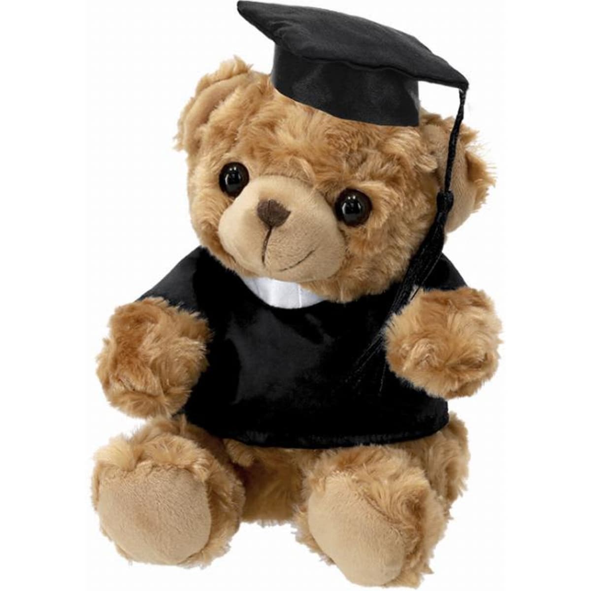 A plush teddy bear in a black graduation gown and cap, with brown fur and large, shiny eyes.