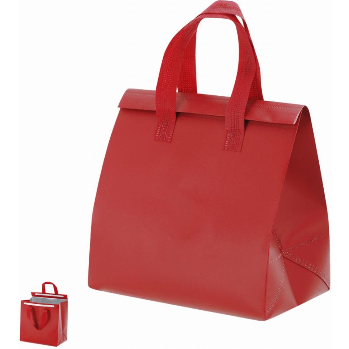 A red lunch bag with a fold-over flap and two handles, featuring a compact design for easy storage.