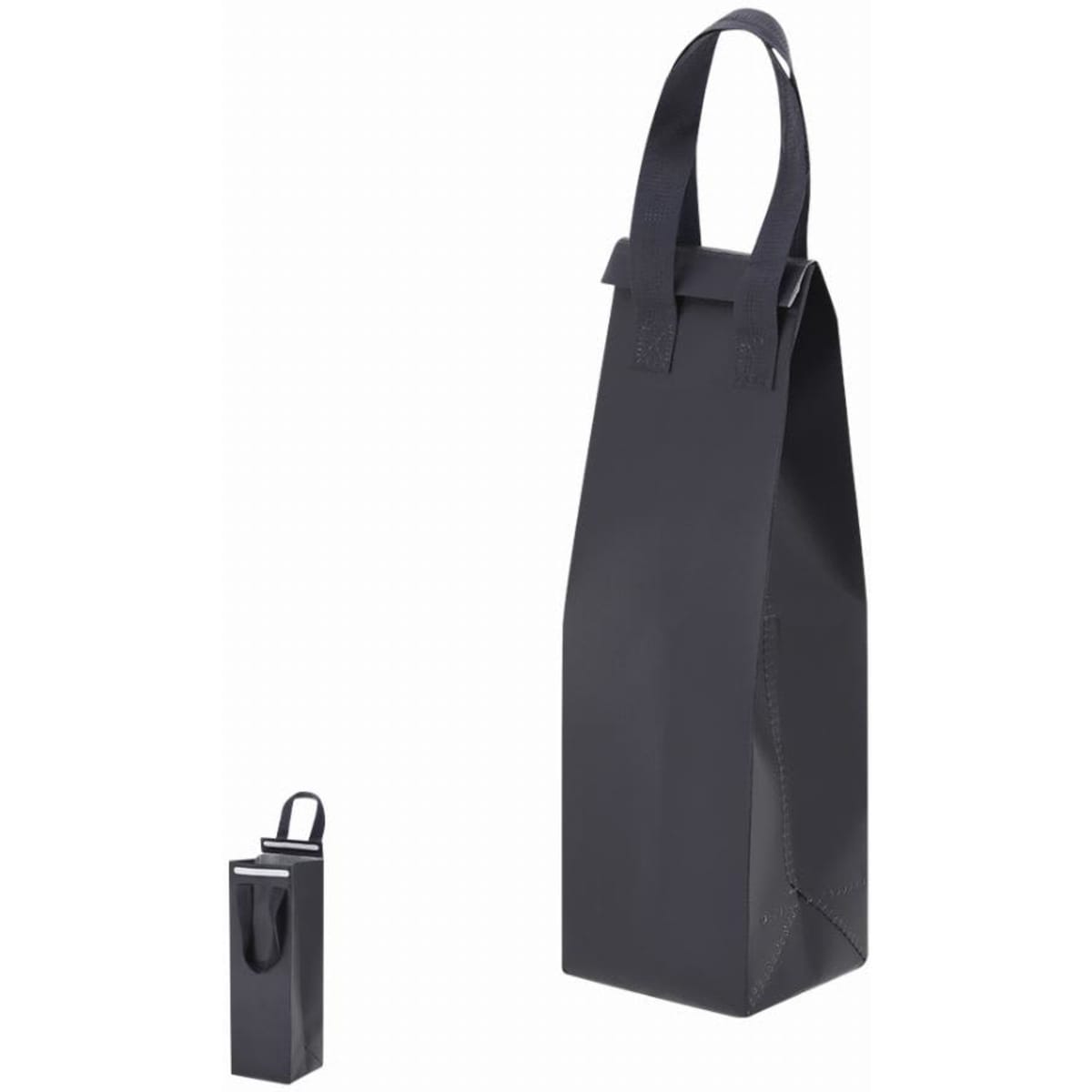A drink bottle carrier in black, featuring a tall, structured design with sturdy handles.