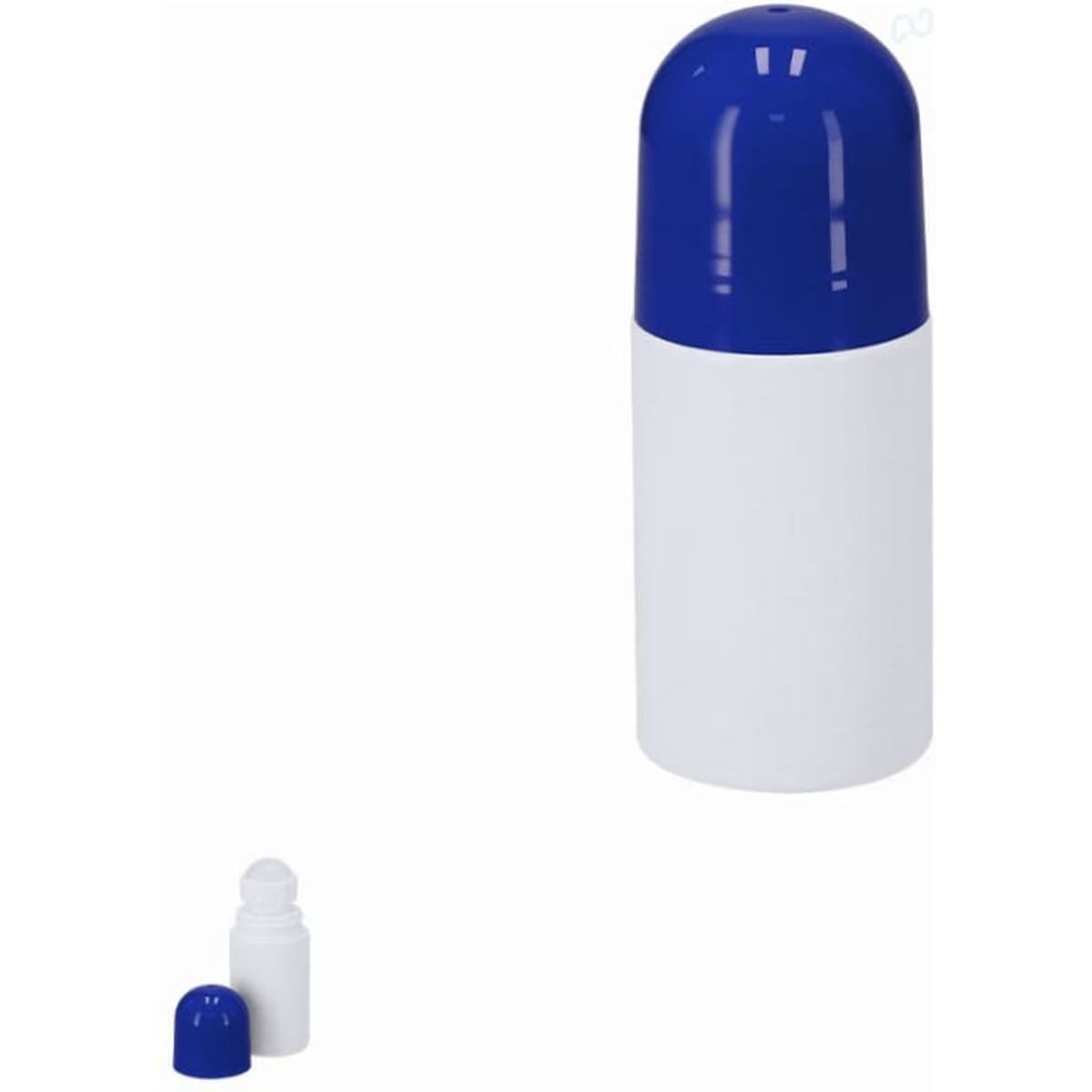 A drink bottle with a white body and a blue cap, featuring a logo on the surface.