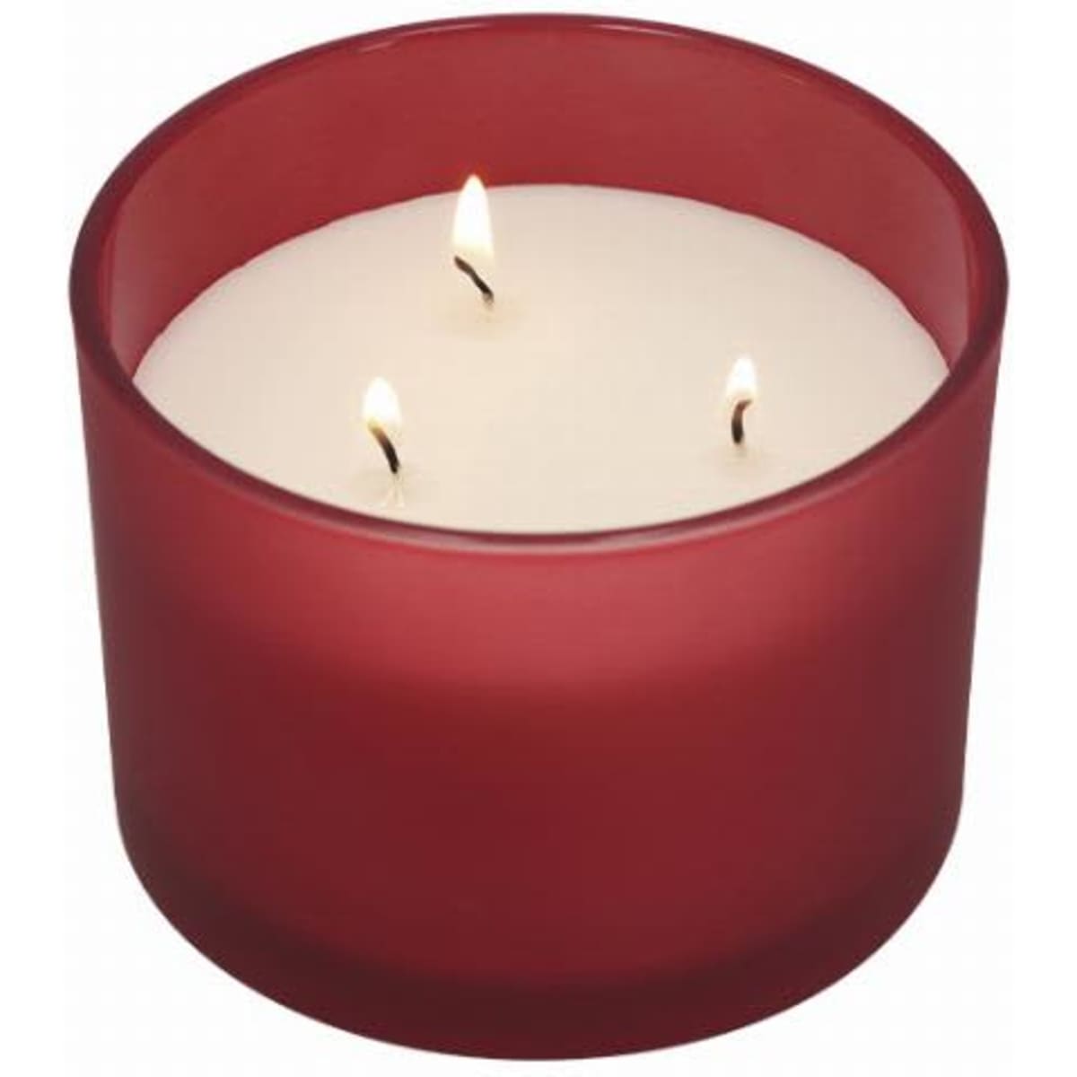 A red candle in a glass container with three lit wicks and a smooth white wax surface.