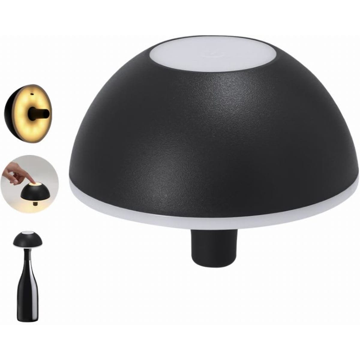 A black and white table lamp with a dome shape and a separate image showing a hand adjusting it.