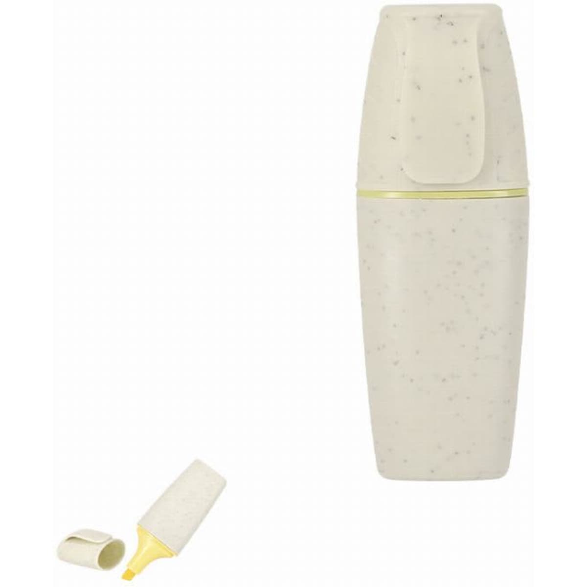 A drink bottle in a cream colour with a speckled design and a yellow cap. It features a logo on the bottle.