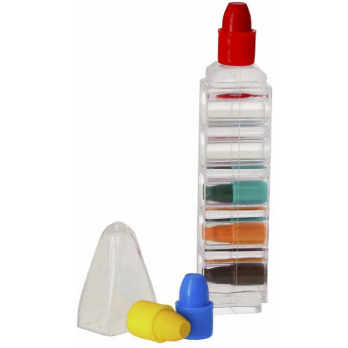 A clear bottle containing multi-coloured writing implements, with red, blue, yellow, and green tips.