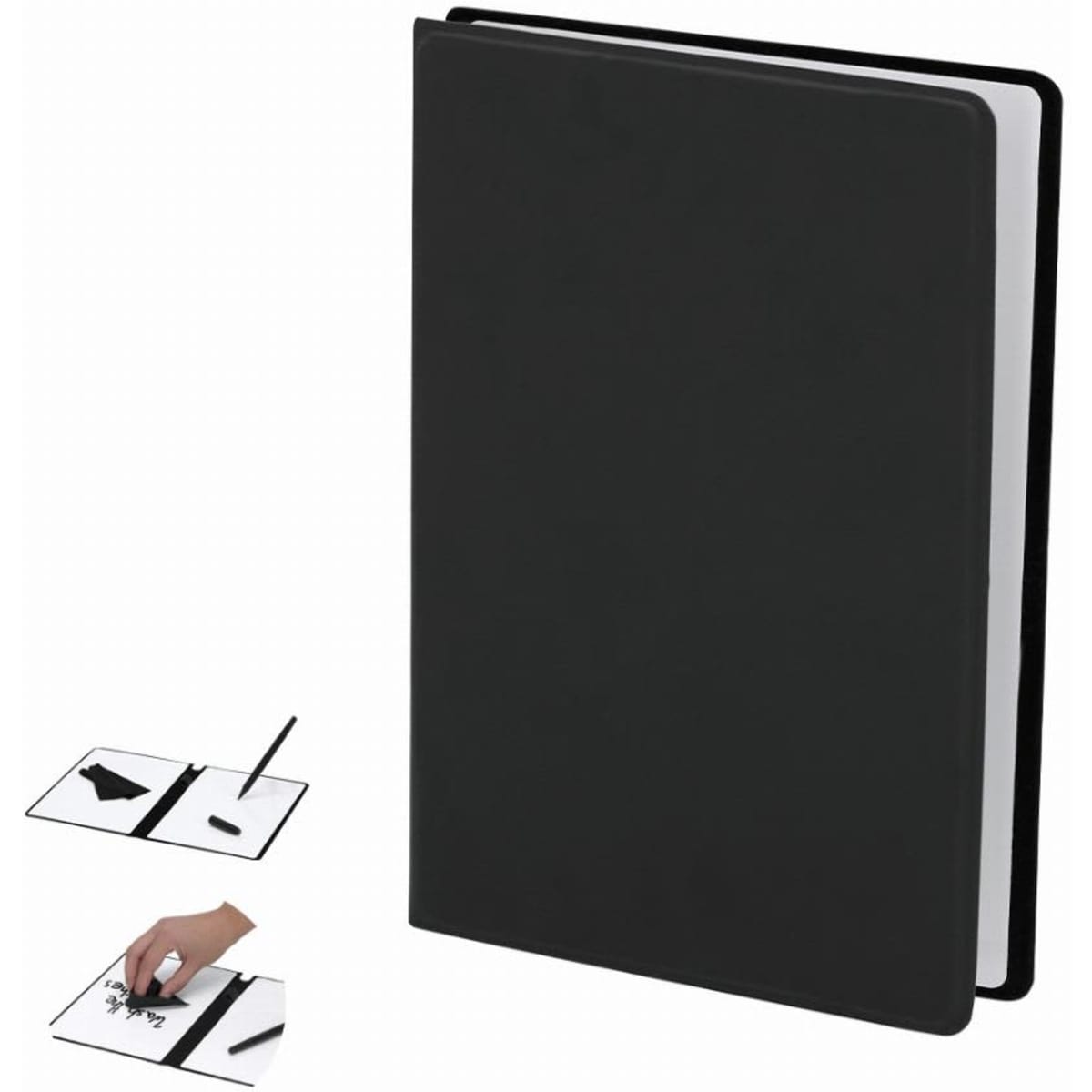A black notebook with a smooth cover and blank inner pages, featuring a logo on the front.