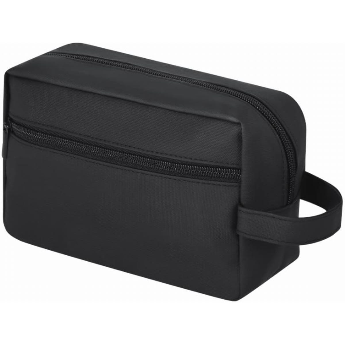 A black toiletry bag with a zip closure and a carry handle on the side.
