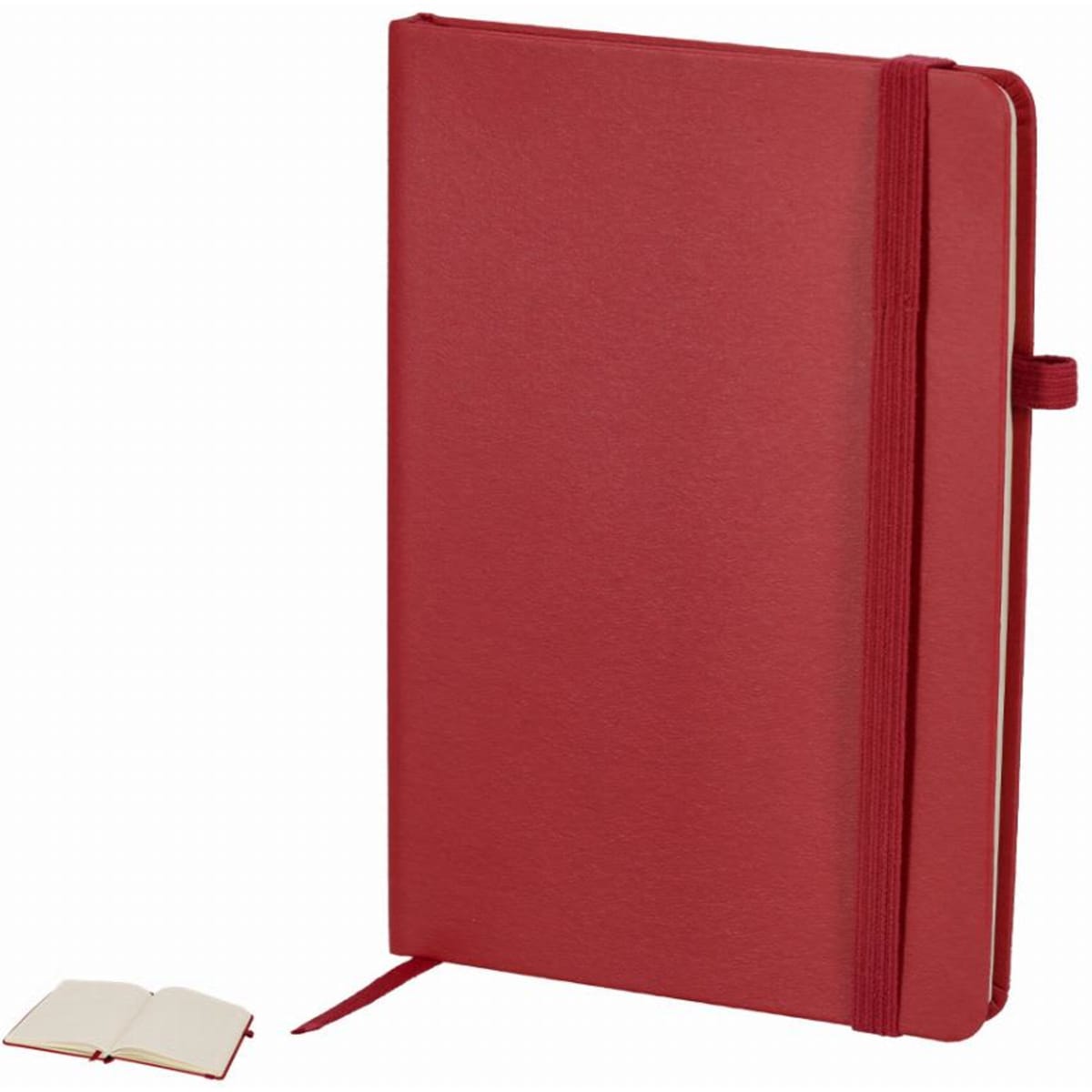 A red notebook with an elastic band closure, featuring blank pages and a smaller notebook beside it.
