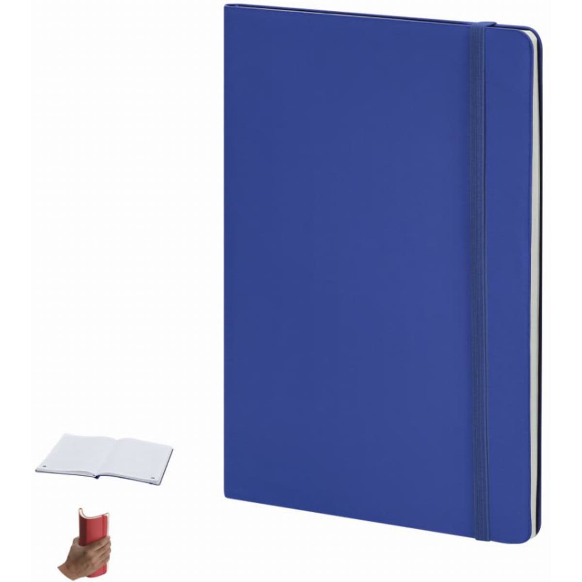 A blue notebook with a soft cover alongside an illustration of a hand holding an object. The notebook has a logo.