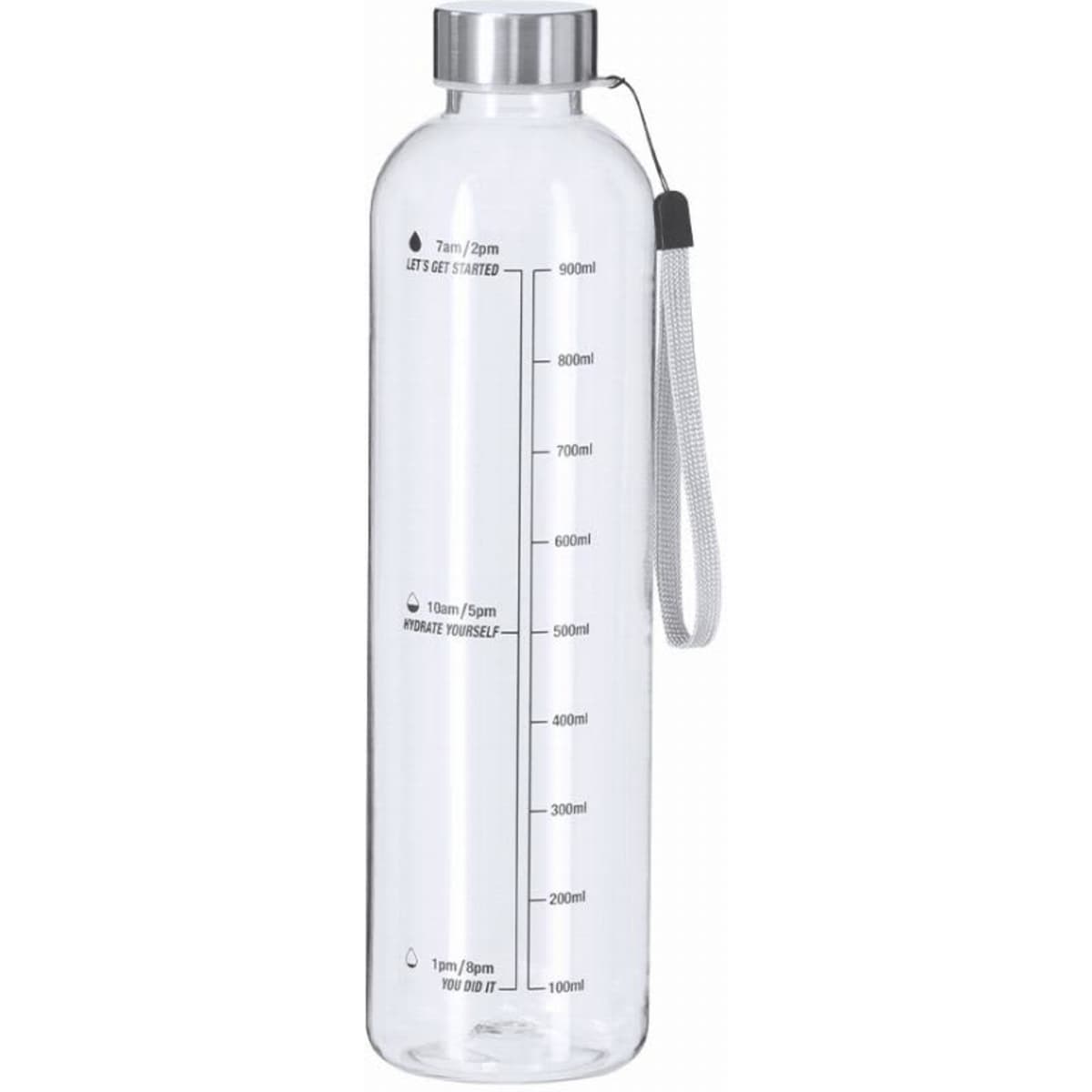 A drink bottle made of clear plastic with a stainless steel lid and a grey carry strap, featuring measurement markings.