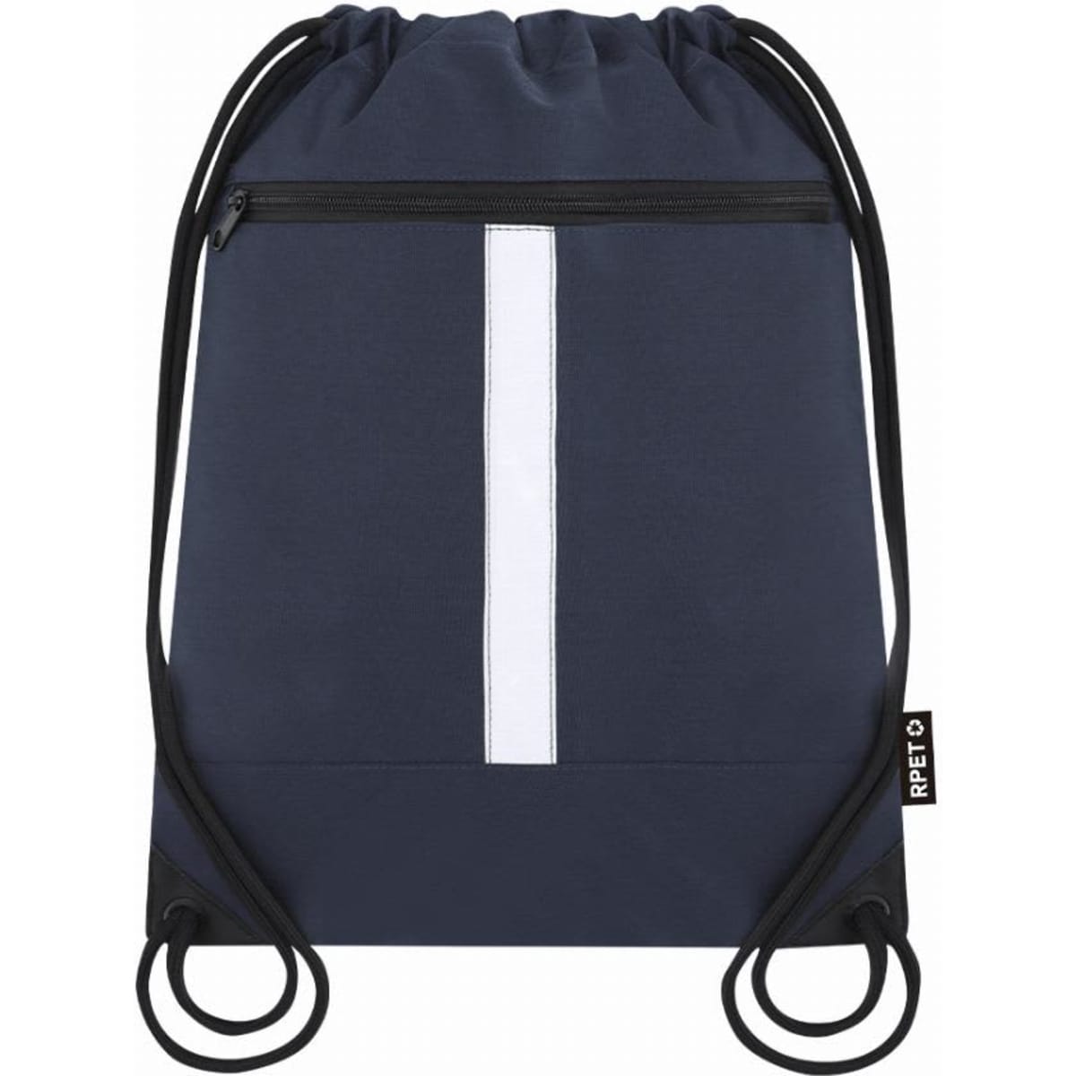 A drawstring backpack in navy blue with a white stripe and a zippered pocket. It features black drawstrings and branding.