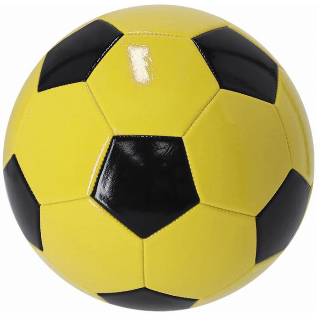 A yellow and black soccer ball with a traditional pentagon and hexagon pattern. It features a logo on the surface.
