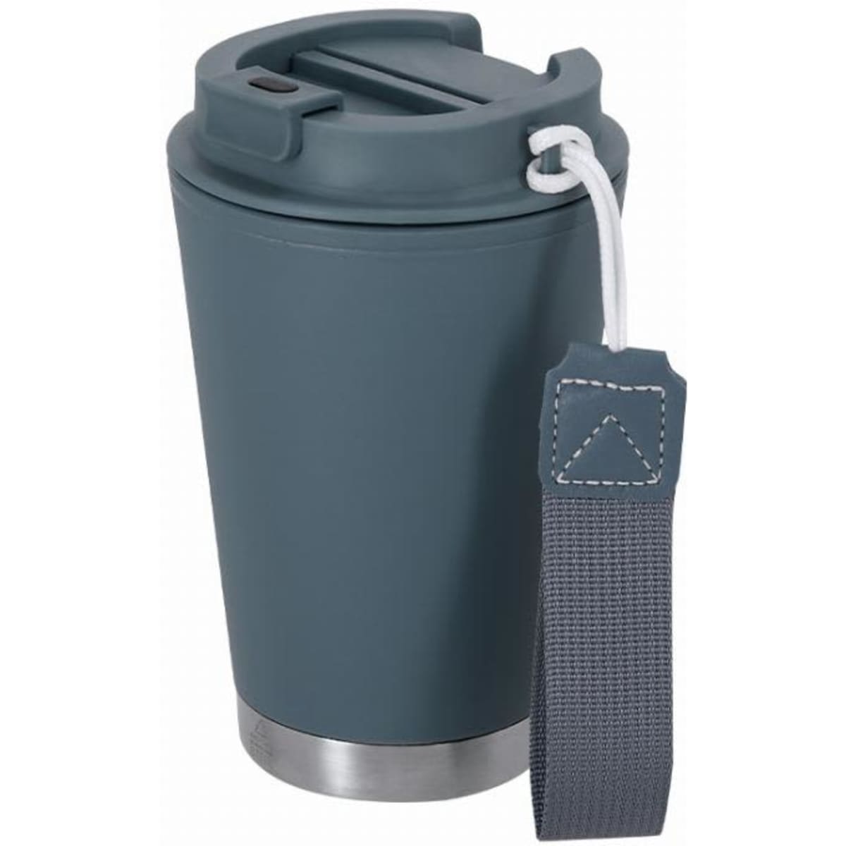 A drink bottle in dark green with a stainless steel base and a grey handle, featuring a lid and logo.