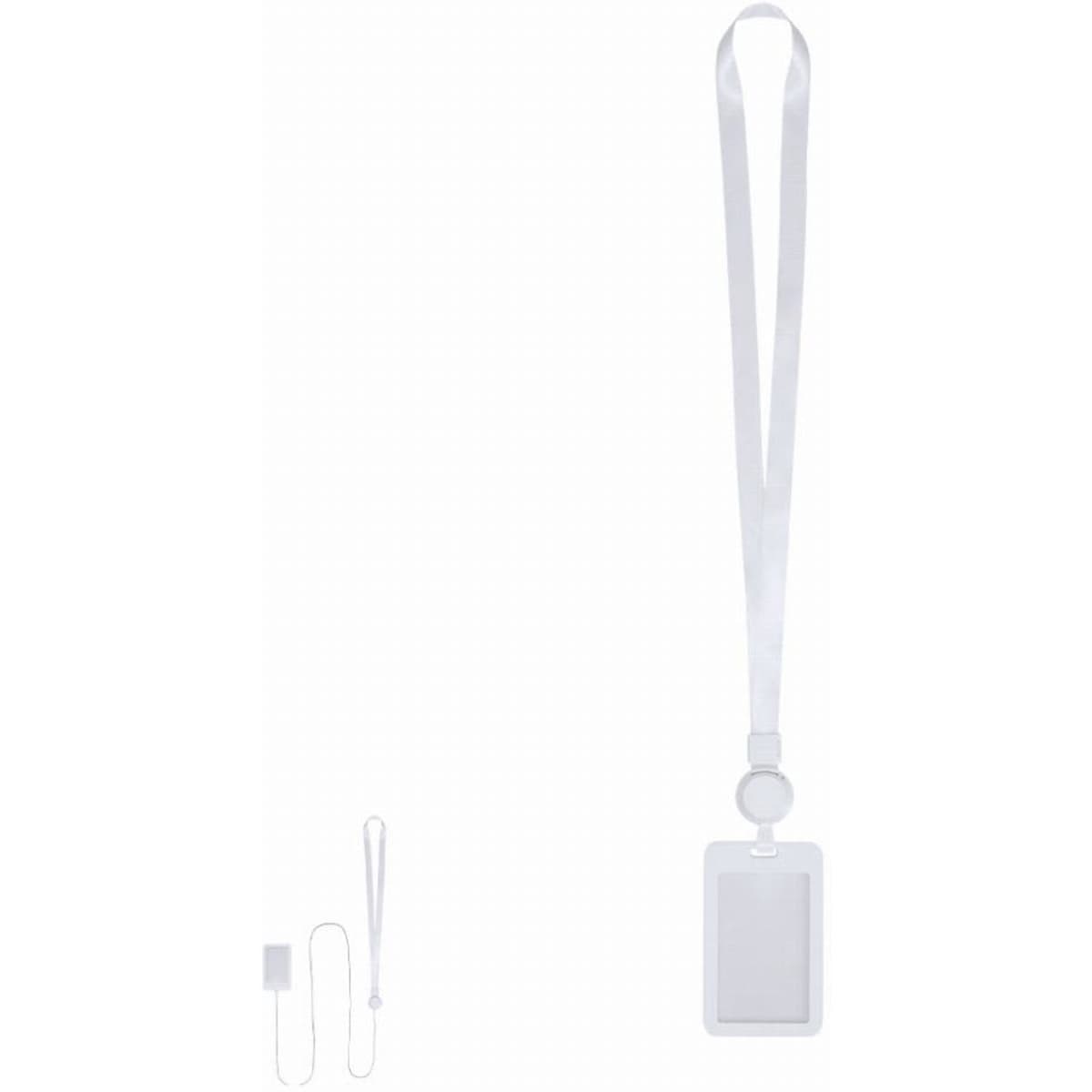 A lanyard with a clear ID holder, featuring a white ribbon and a clip attachment.