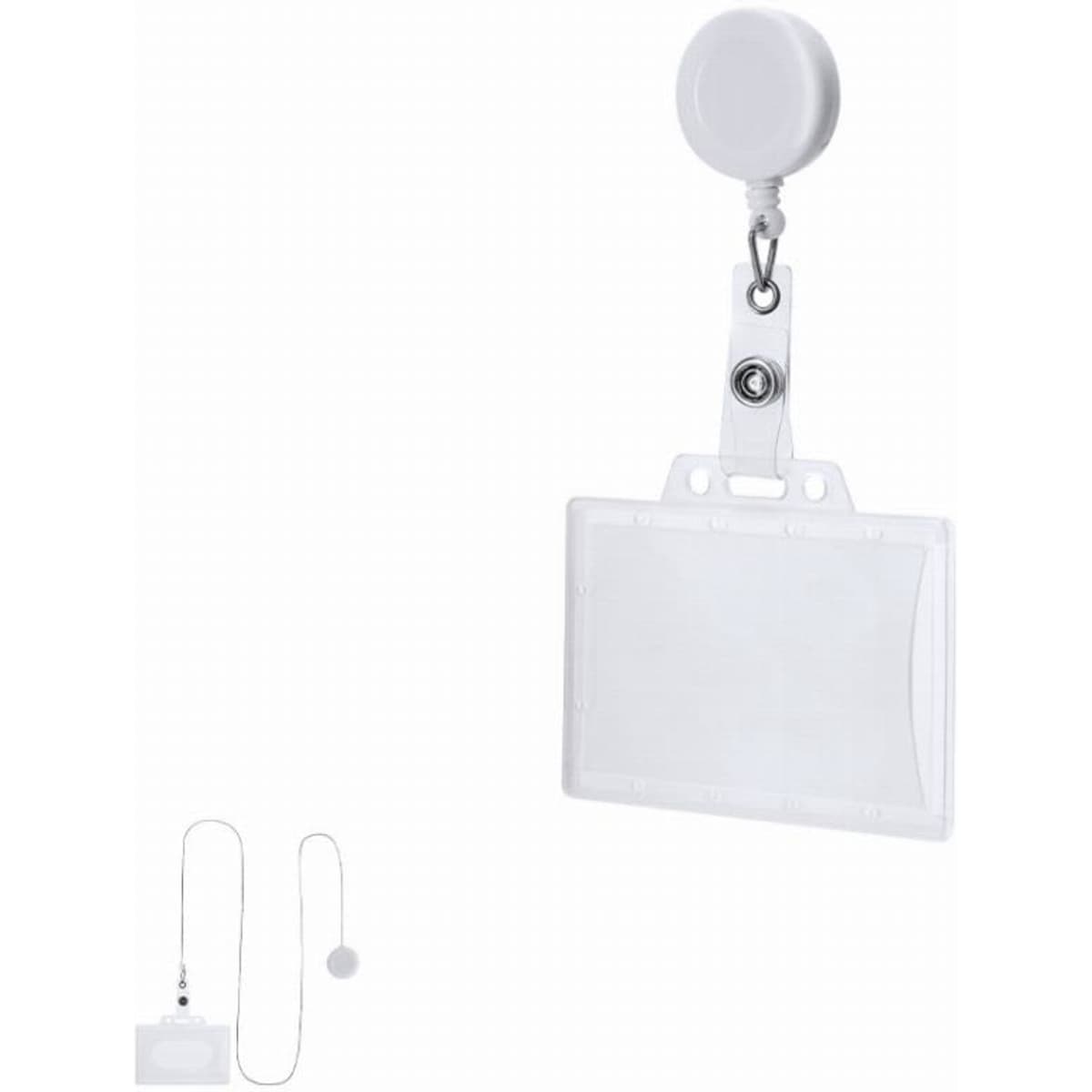 A badge holder and retractable reel featuring a clear design with a white plastic clip and cord.