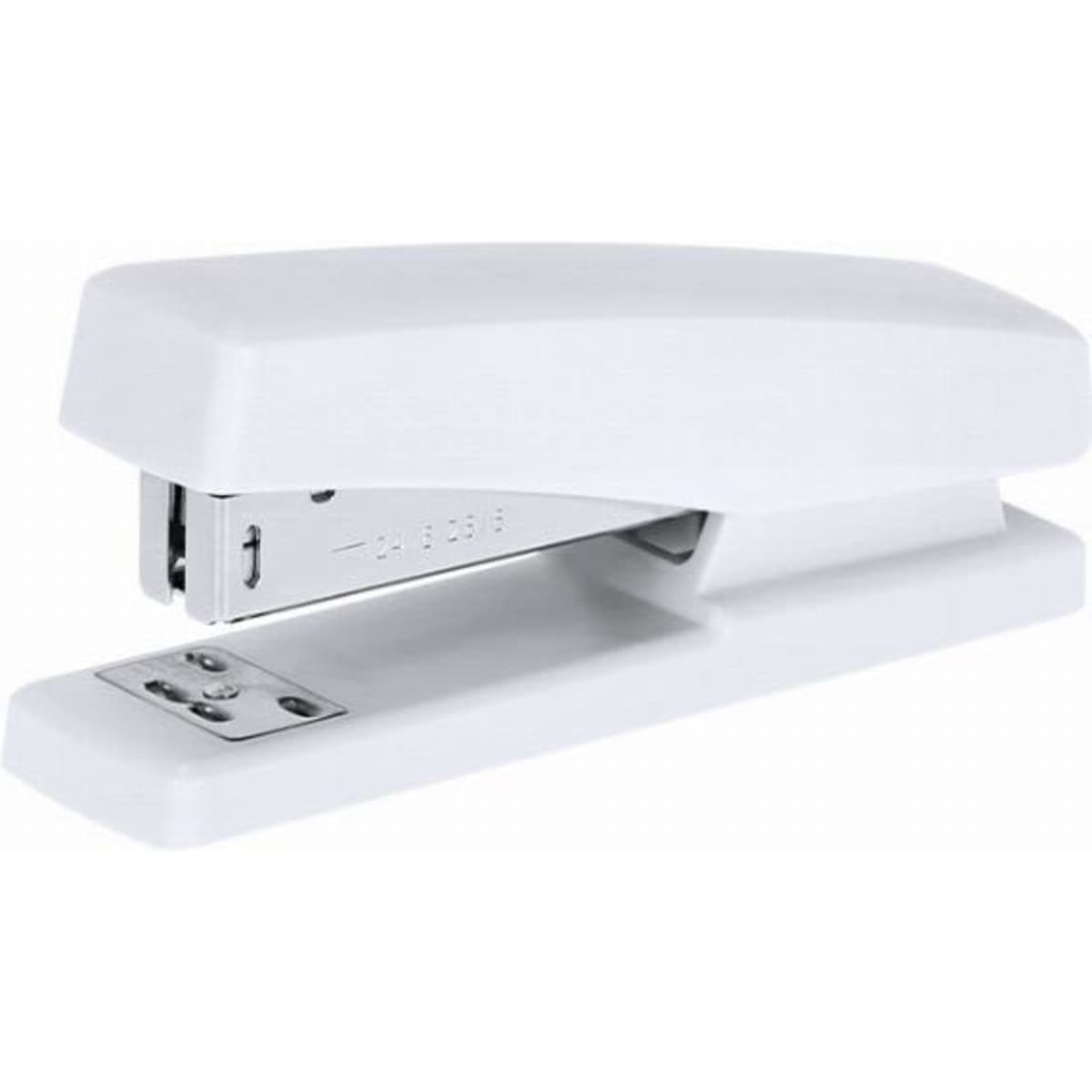 A white stapler with a sleek design, featuring a metal base and an internal mechanism for fastening papers.