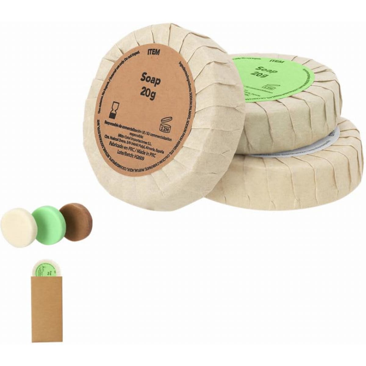 A set of round soap bars in green, cream, and brown packaging, with a natural and eco-friendly appearance.
