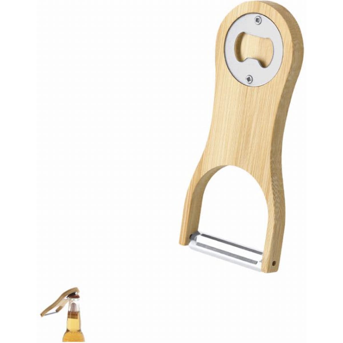 A bamboo bottle opener with a metallic cap remover and a sleek, minimalist design.