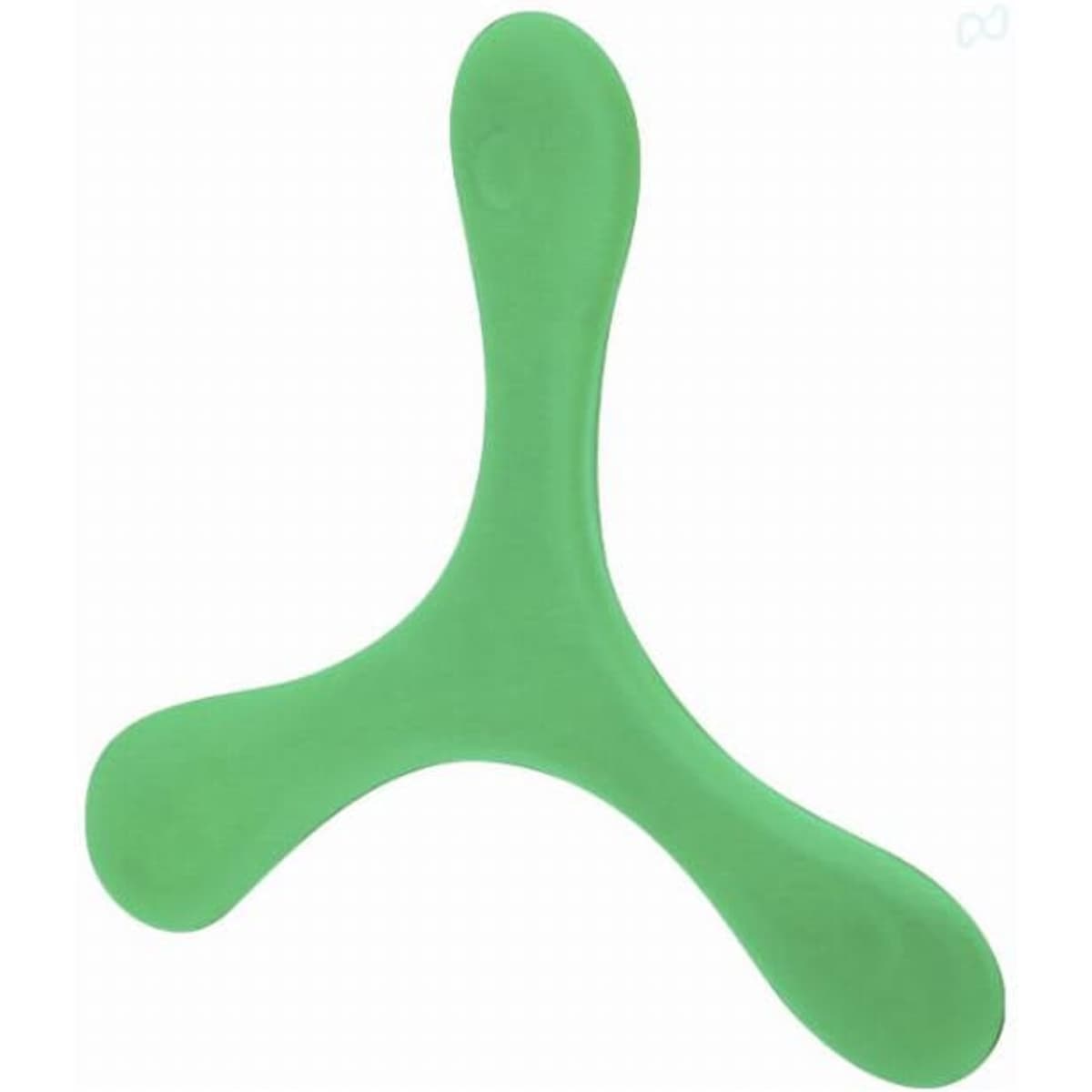 A green, three-pronged throwing toy with a smooth surface, featuring a logo.