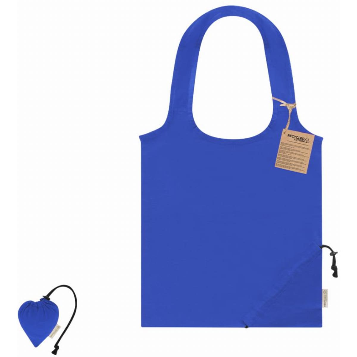 A blue reusable tote bag with a heart-shaped pouch for storage. The bag has a tag attached.