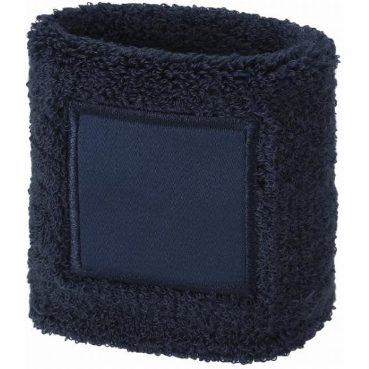 A navy blue drink bottle holder with a fluffy texture and a square patch for a logo or branding.