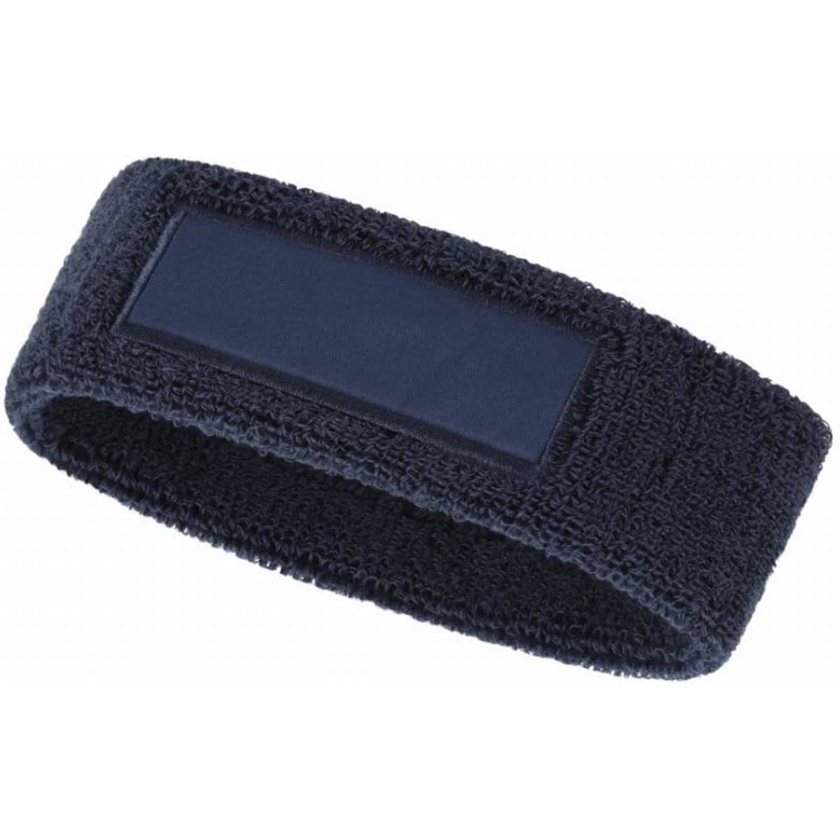 A navy blue sweatband with a textured fabric and a blank rectangular panel. It has a logo present.