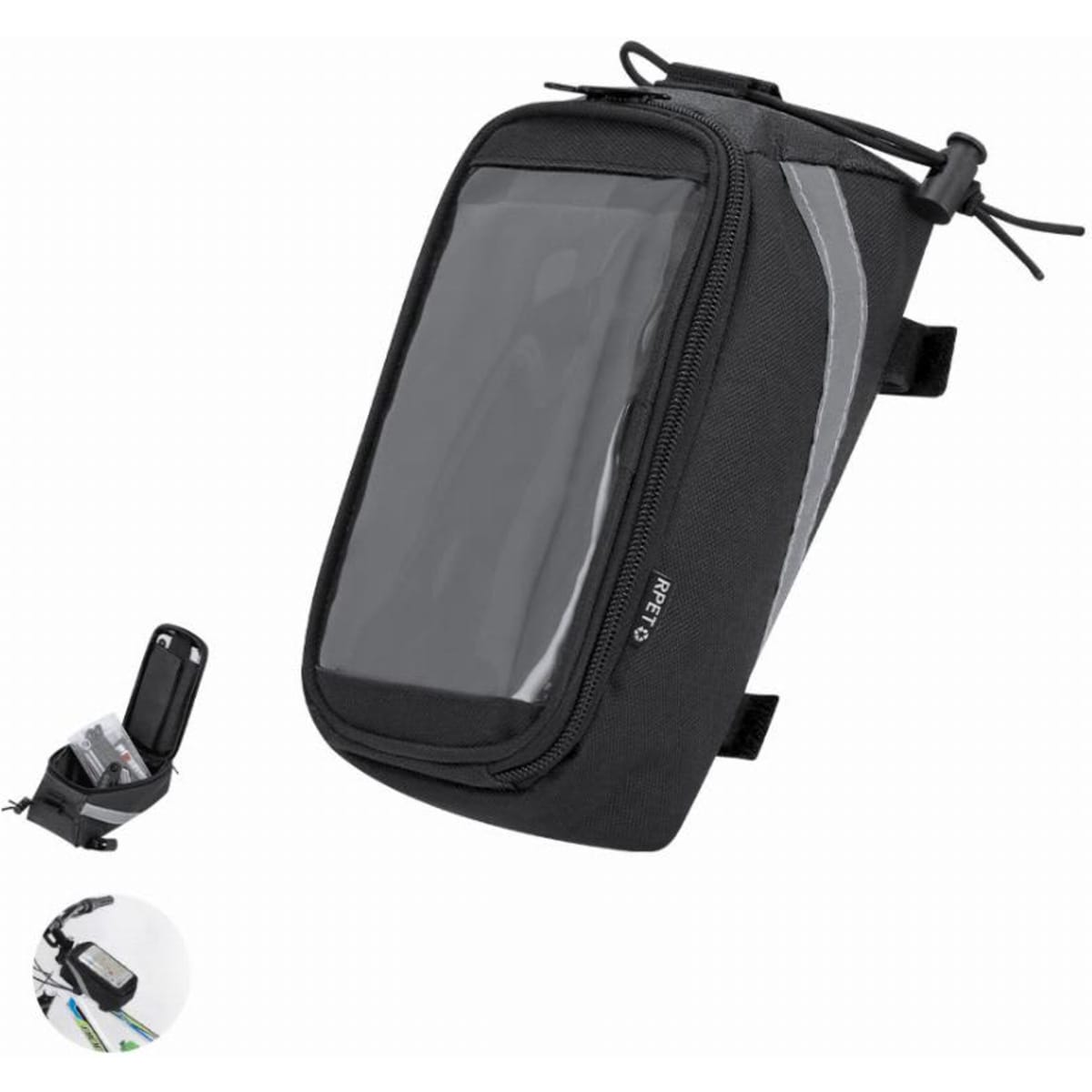 A black bike bag with a transparent cover, featuring a zip closure and reflective accents. It has a logo on it.
