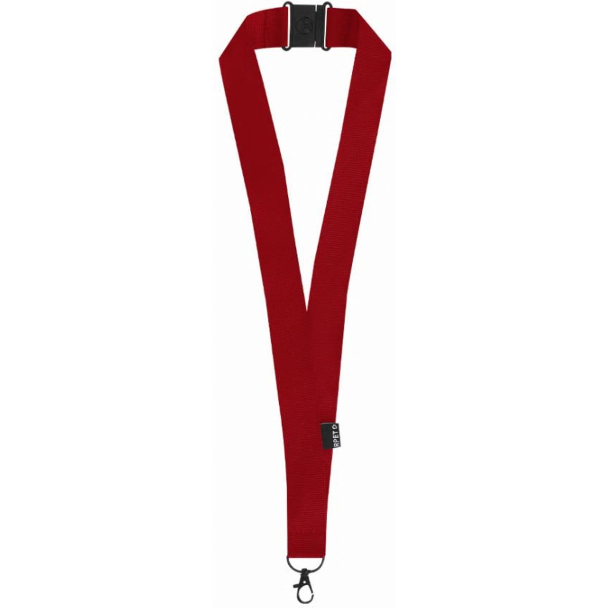 A red lanyard with a clip and adjustable buckle, designed for holding ID cards or keys. It features branding.
