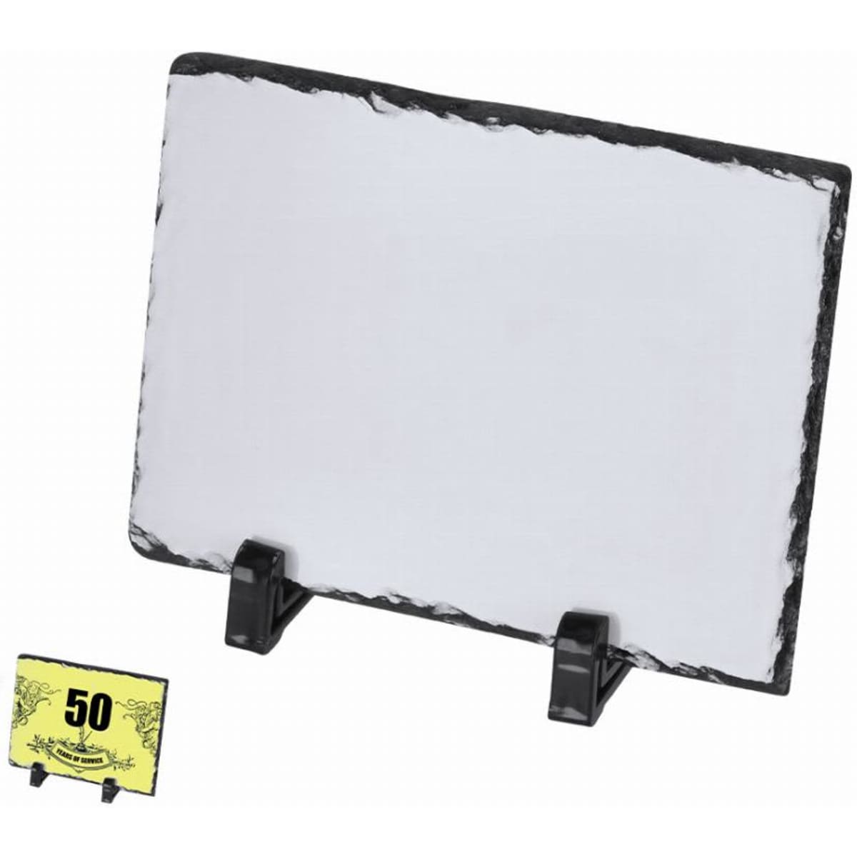 A rectangular slate sign with a rough black border, standing on black easel-style supports.