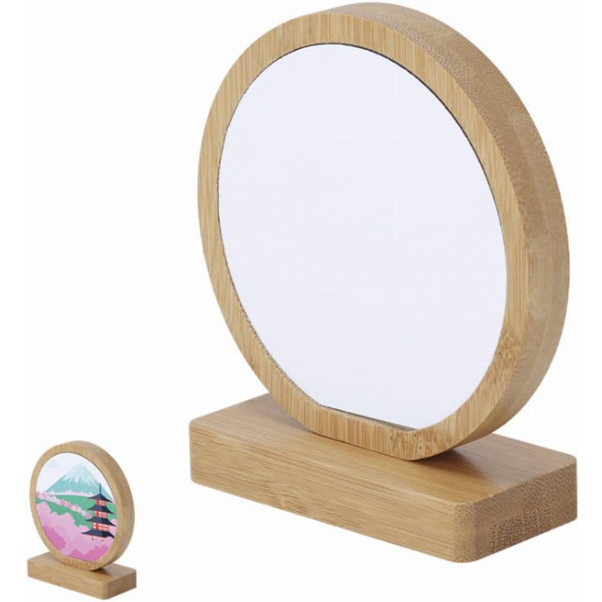 A round mirror with a bamboo frame and base, accompanied by a smaller decorative piece with a colourful design.