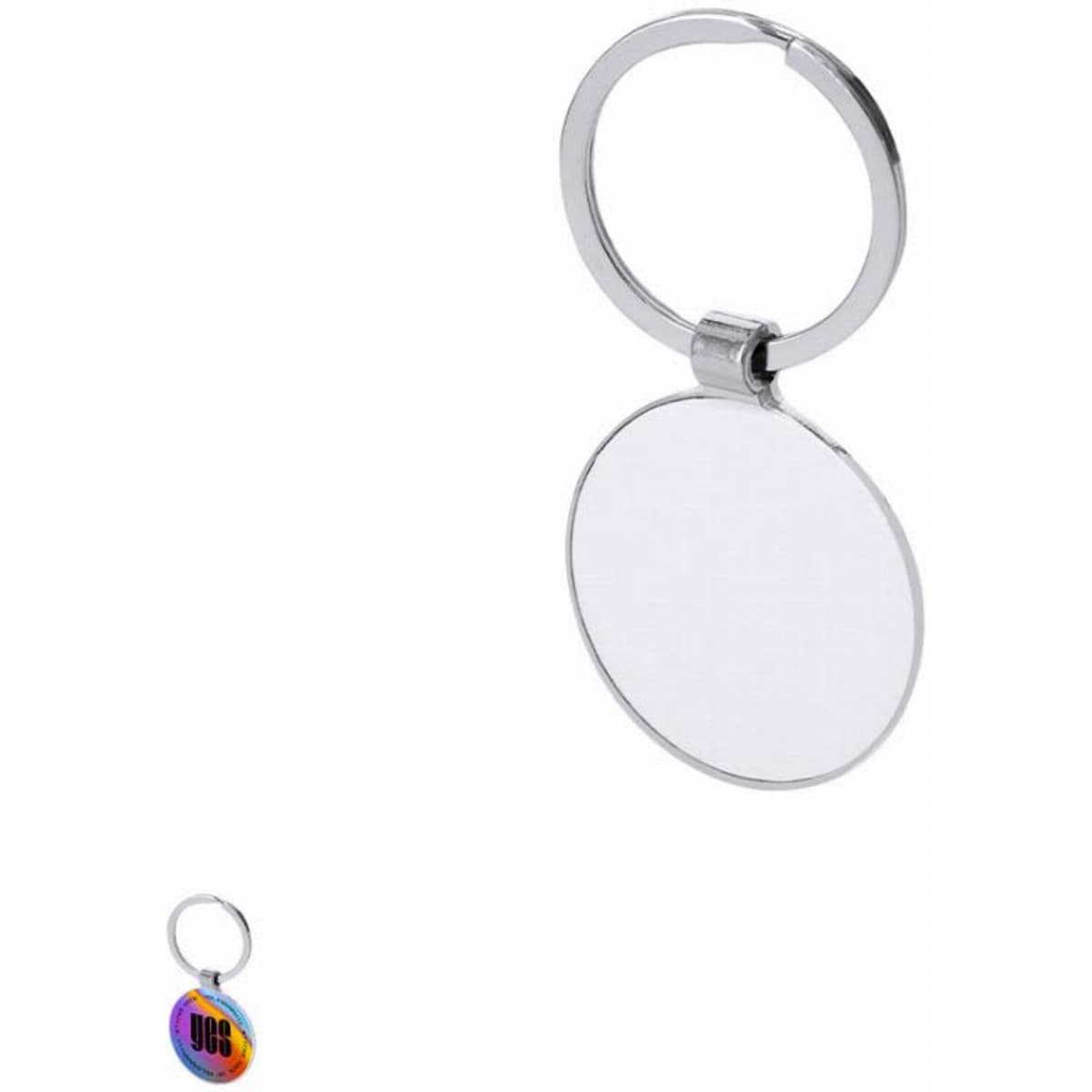 A keyring with a circular clear attachment and a metal clasp, featuring a logo in the lower corner.