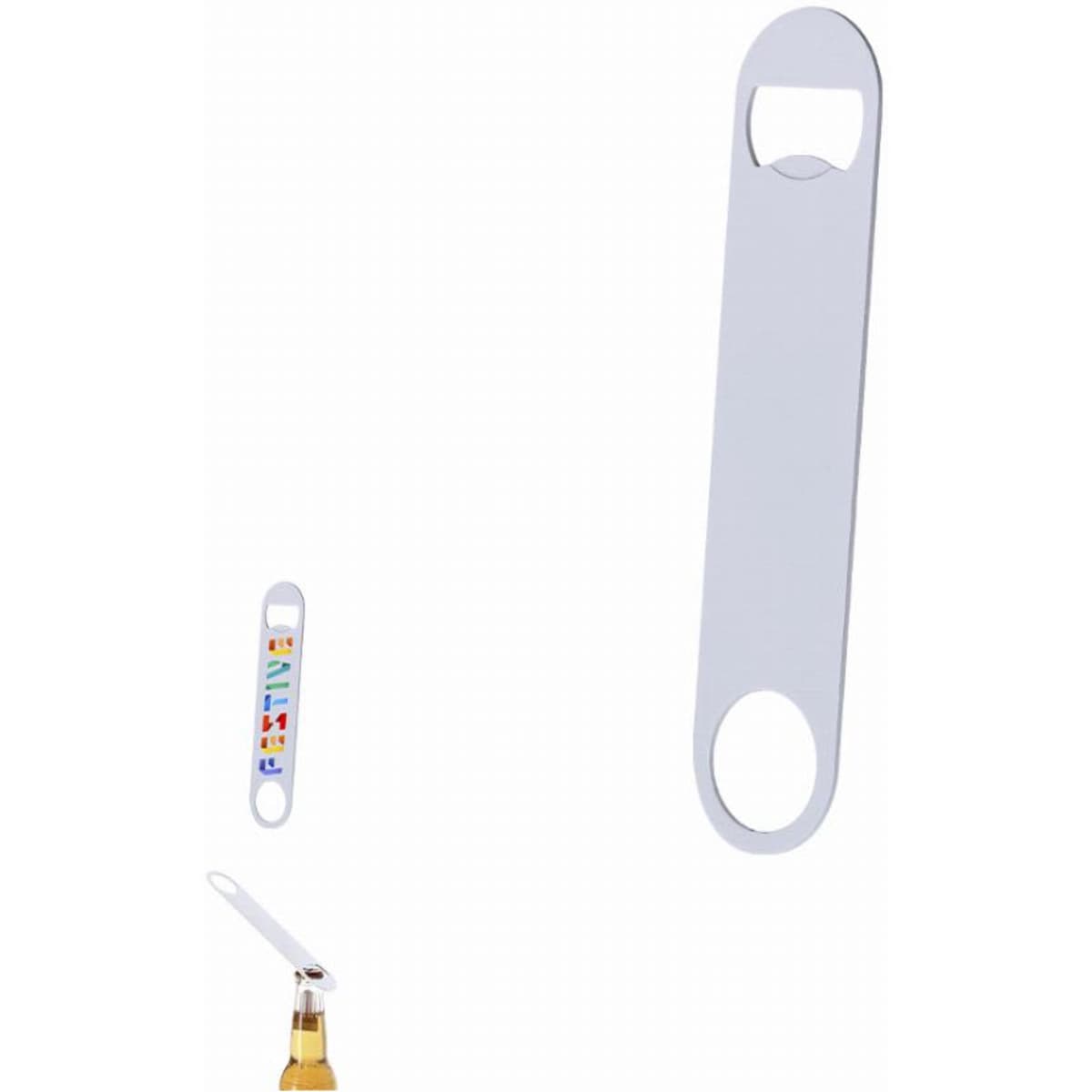 A bottle opener with a sleek silver design, featuring a circular handle and a classic bottle cap remover at the top.